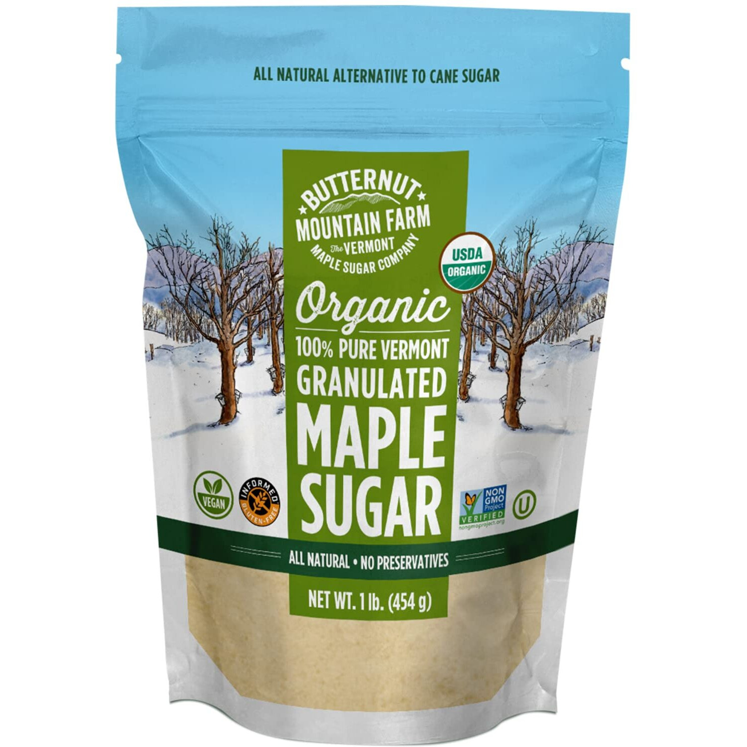 Butternut Mountain Farm 100% Pure Organic Vt Maple Sugar, 1Lb Bag, Reclosable Pouch