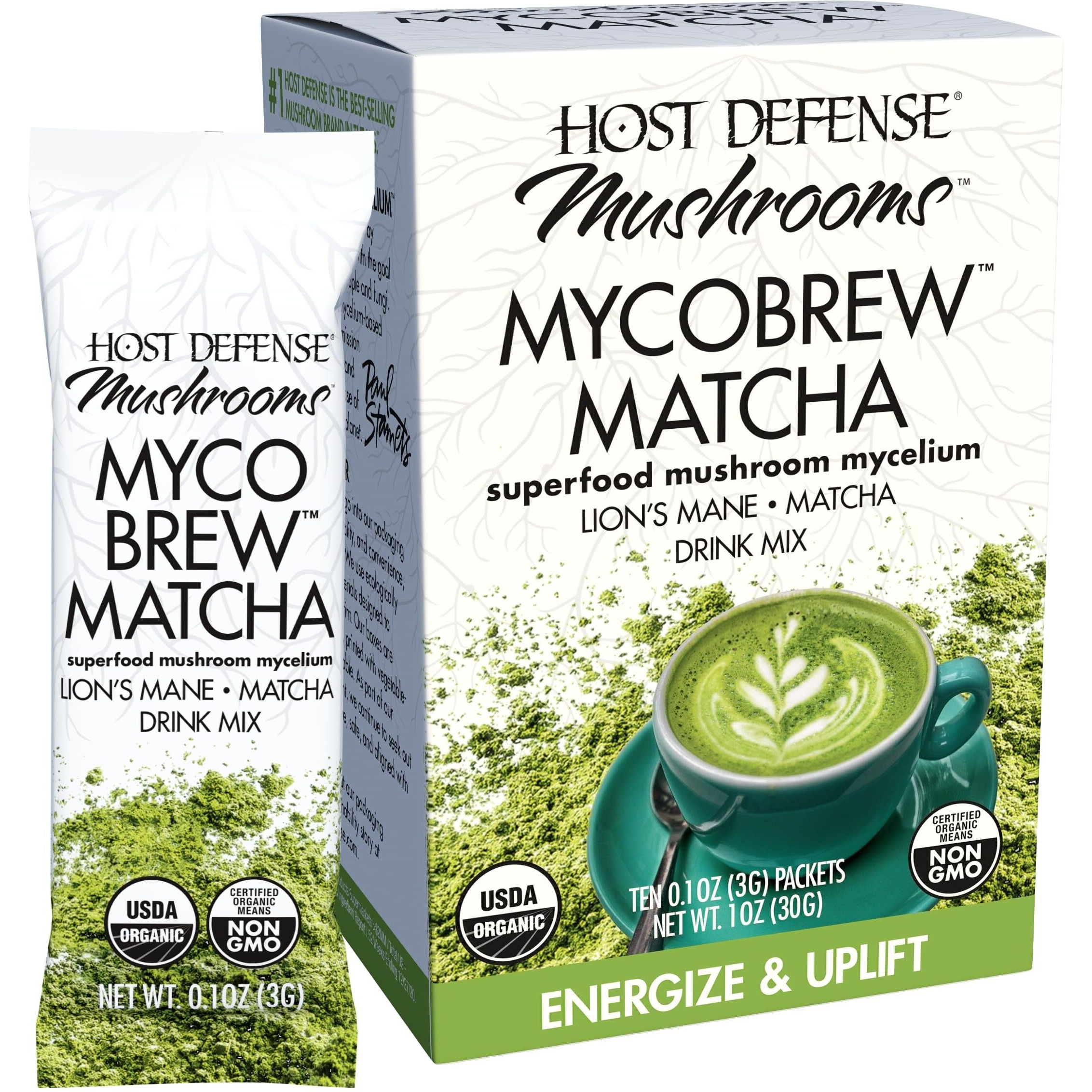 Host Defense Mycobrew Matcha - Matcha Drink Mix - Matcha Green Tea Powder That Includes Lion's Mushroom - Drink Mix With Organic Matcha Tea - 10 Packets (10 Servings)