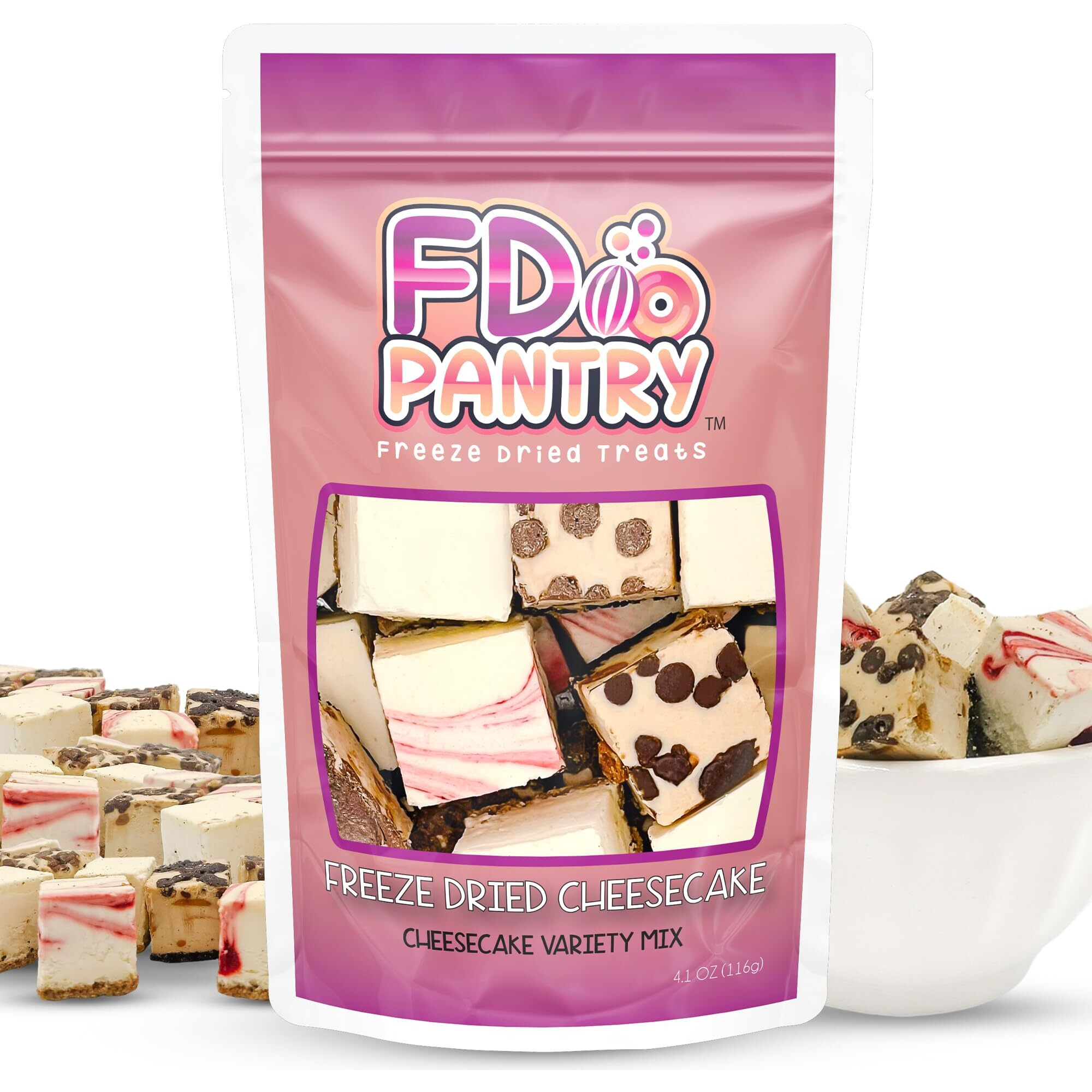 Freeze Dried Cheesecake New York Style, Caramel Chocolate Chip And Strawberry Swirl Crunchy Treat Resealable Bag 4.1 Oz Cheese Cake