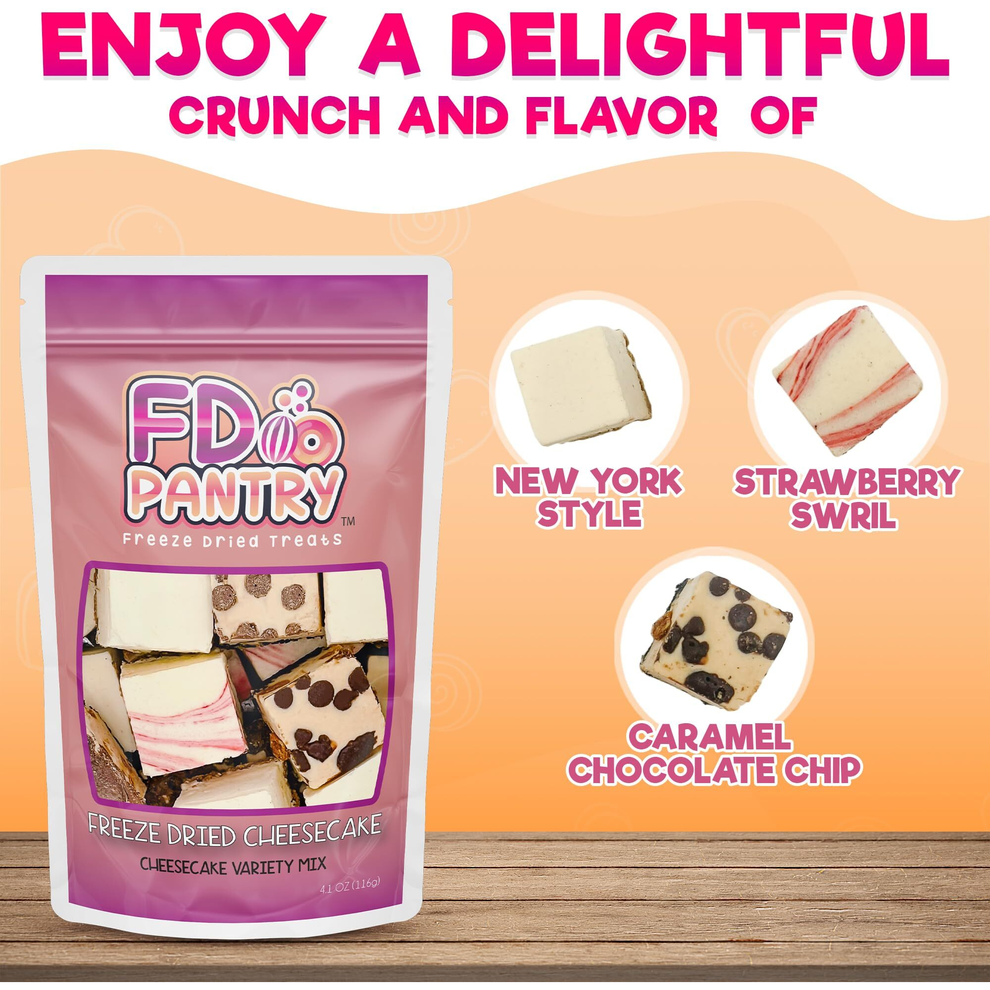 Freeze Dried Cheesecake New York Style, Caramel Chocolate Chip And Strawberry Swirl Crunchy Treat Resealable Bag 4.1 Oz Cheese Cake