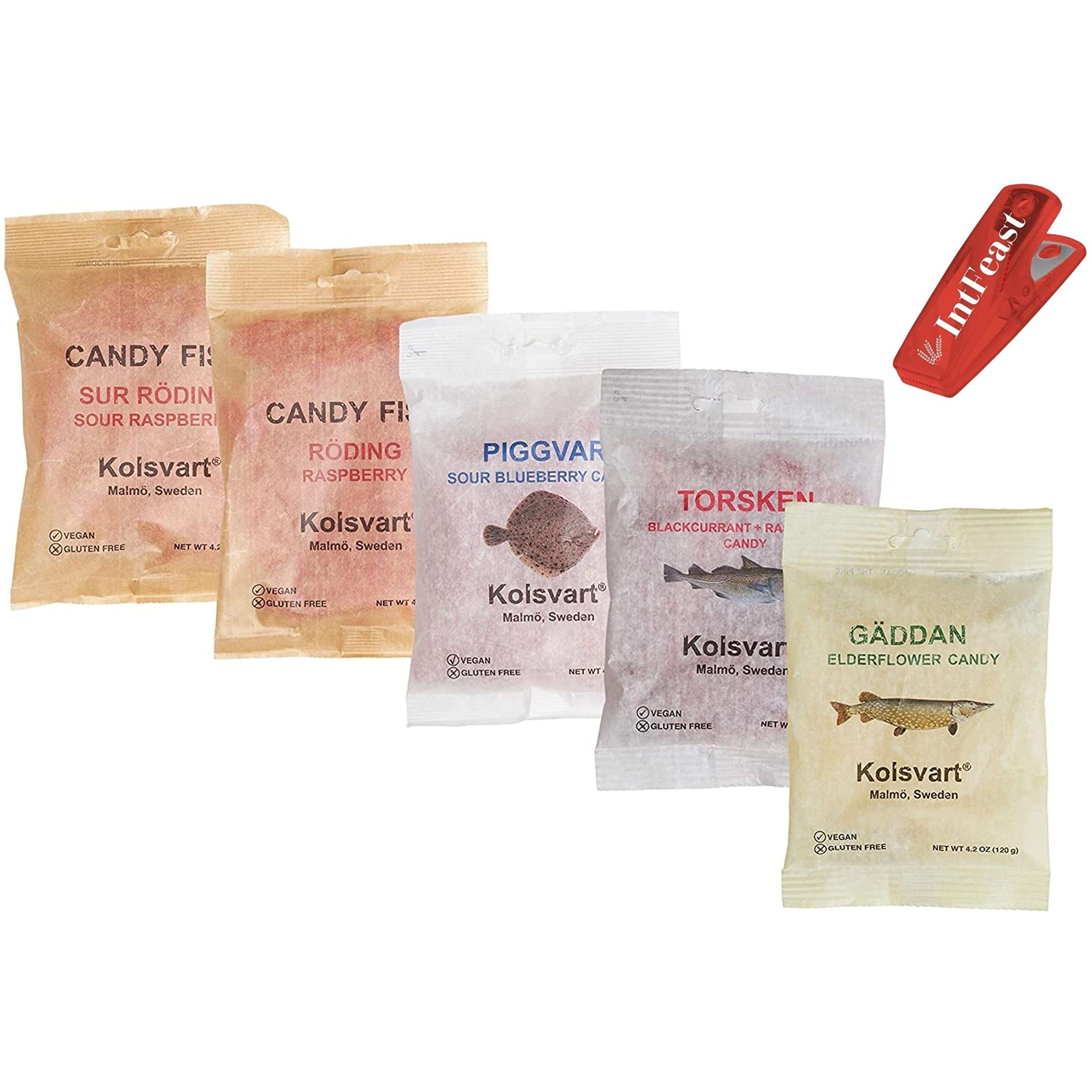 Kolsvart Swedish Candy Variety Pack, 4.2 Ounces - Raspberry, Blackcurrant & Raspberry, Sour Blueberry, Sour Raspberry, Elderflower (Pack Of 5) With Snack Bag Clip By Intfeast