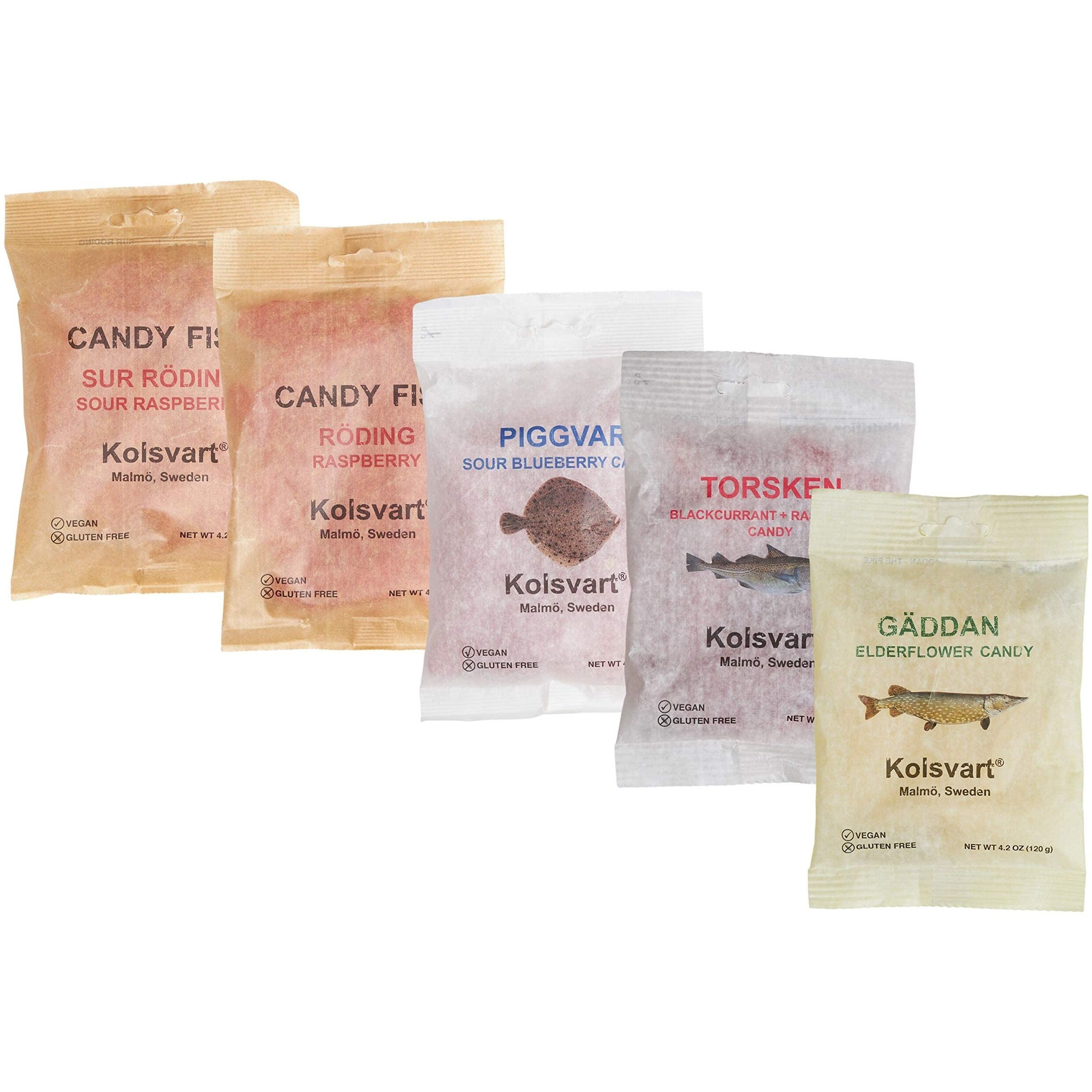 Kolsvart Swedish Candy Variety Pack, 4.2 Ounces - Raspberry, Blackcurrant & Raspberry, Sour Blueberry, Sour Raspberry, Elderflower (Pack Of 5) With Snack Bag Clip By Intfeast