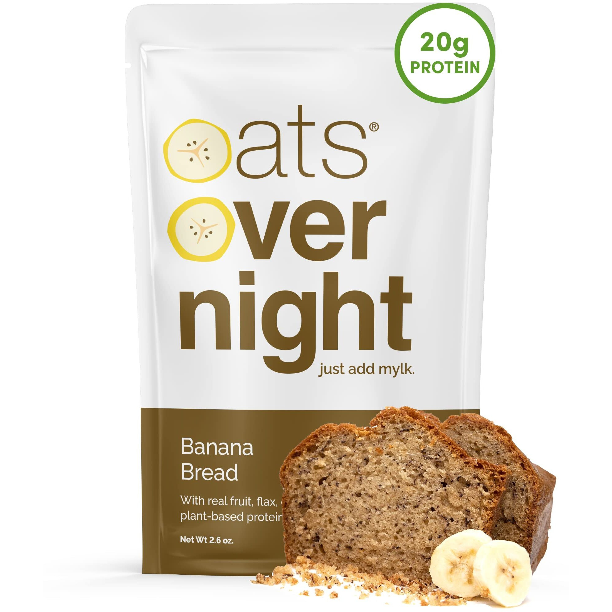 Oats Overnight Banana Bread - Vegan Overnight Oats With 20G Protein, High Fiber Breakfast Protein Shake - Gluten Free Oatmeal, Non Gmo High Protein Oatmeal (2.6 Oz Per Meal) (8 Pack)