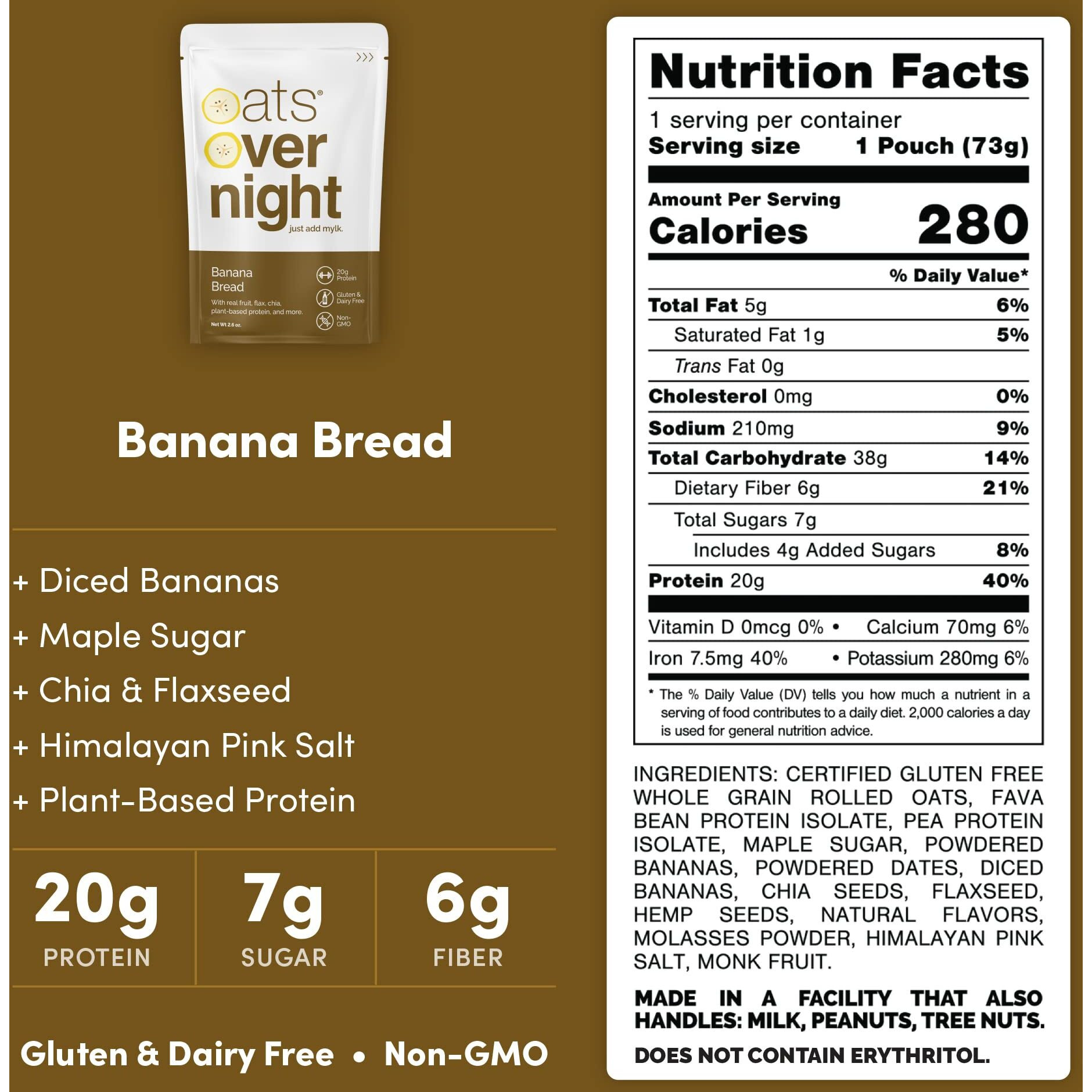 Oats Overnight Banana Bread - Vegan Overnight Oats With 20G Protein, High Fiber Breakfast Protein Shake - Gluten Free Oatmeal, Non Gmo High Protein Oatmeal (2.6 Oz Per Meal) (8 Pack)