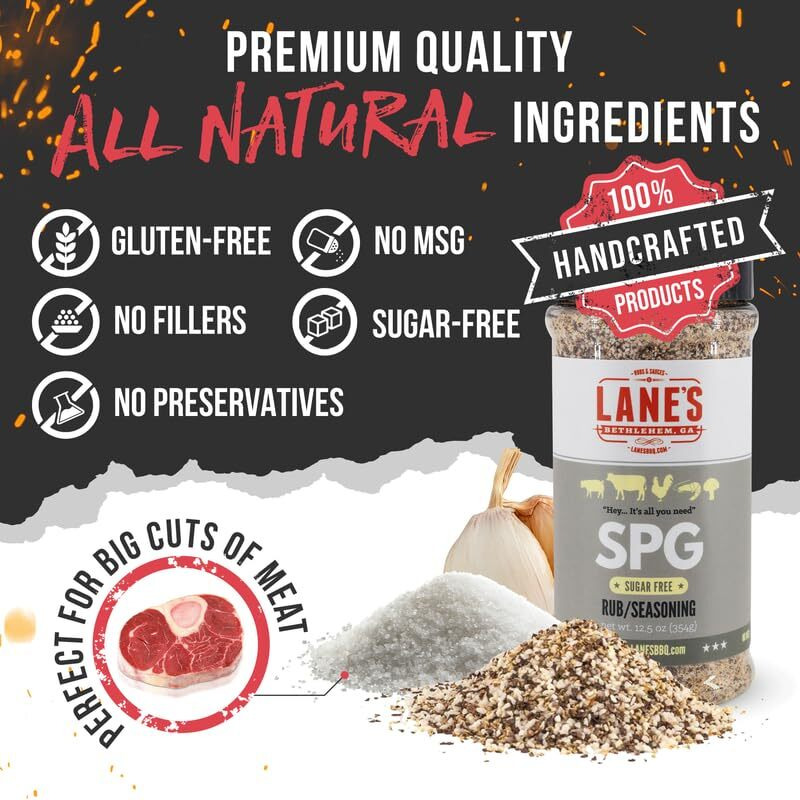 Lane's Spg Seasoning & Rub, All-Natural Coarse Ground Salt Pepper Garlic Seasoning For Any Types Of Dishes, Classic Bold Flavor, No Msg, No Preservatives, Gluten-Free, Made In Usa, 12 Oz