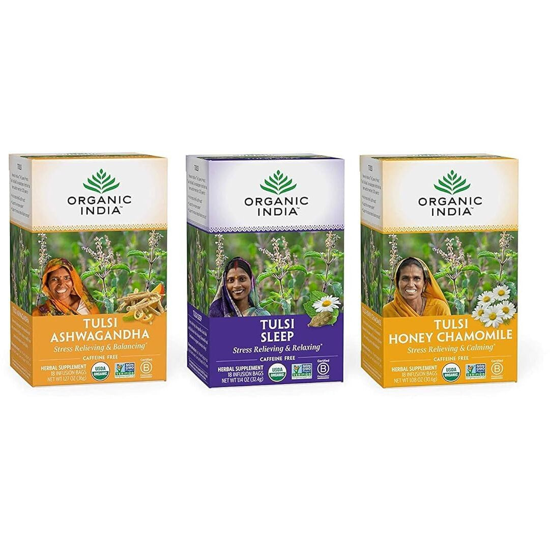 Organic India Calming Tulsi Herbal Tea Favorites - Ashwagandha, Honey Chamomile, Sleep - Holy Basil, Adaptogen, Vegan, Usda Certified Organic, Non-Gmo - 18 Infusion Bags Per Box (Pack Of 3)