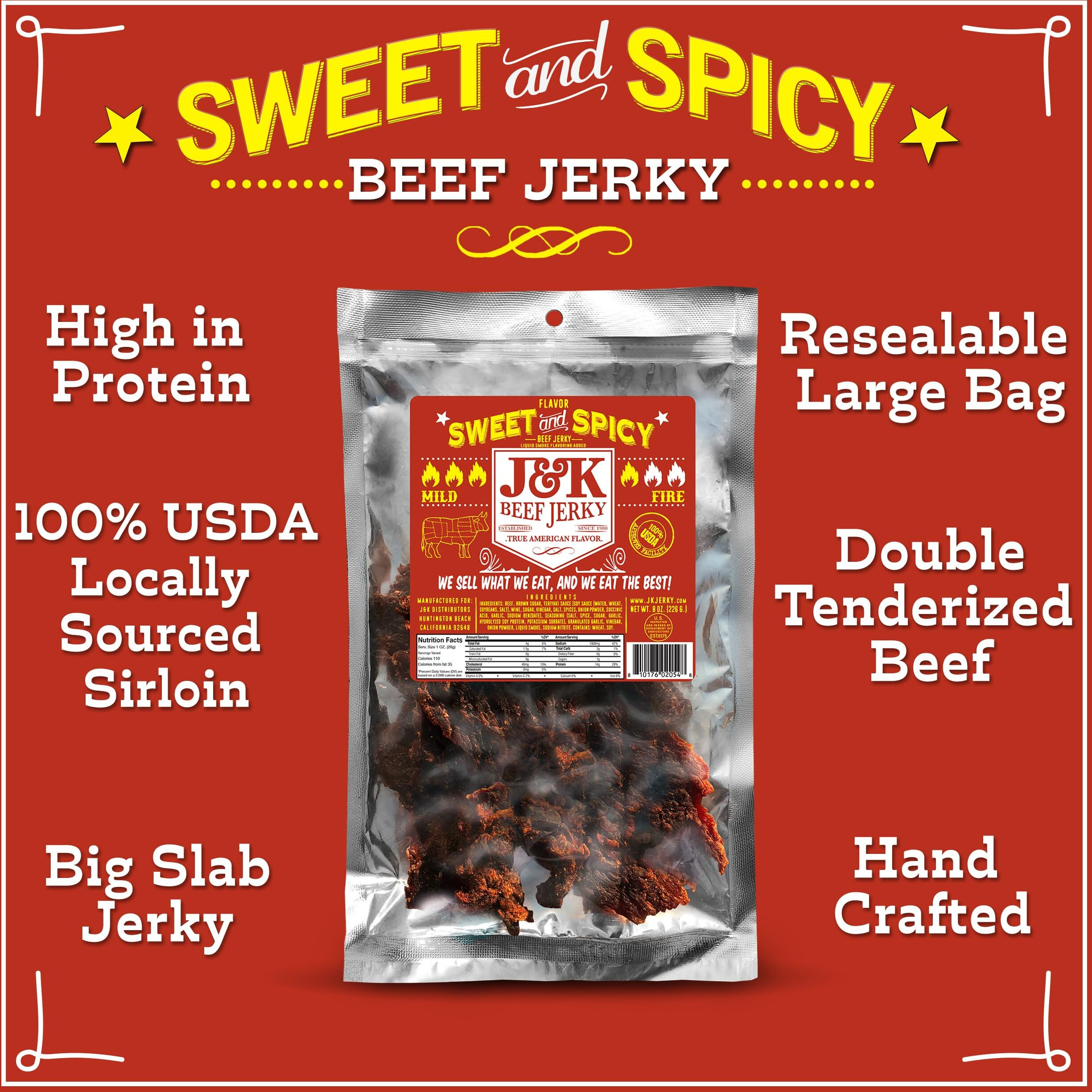 J&K Jerky Sweet And Spicy Beef Jerky - Hand Crafted Small Batch American Made Slab Beef Jerky - Bold & Flavorful Snack - 7Oz Big Bag Of Jerky