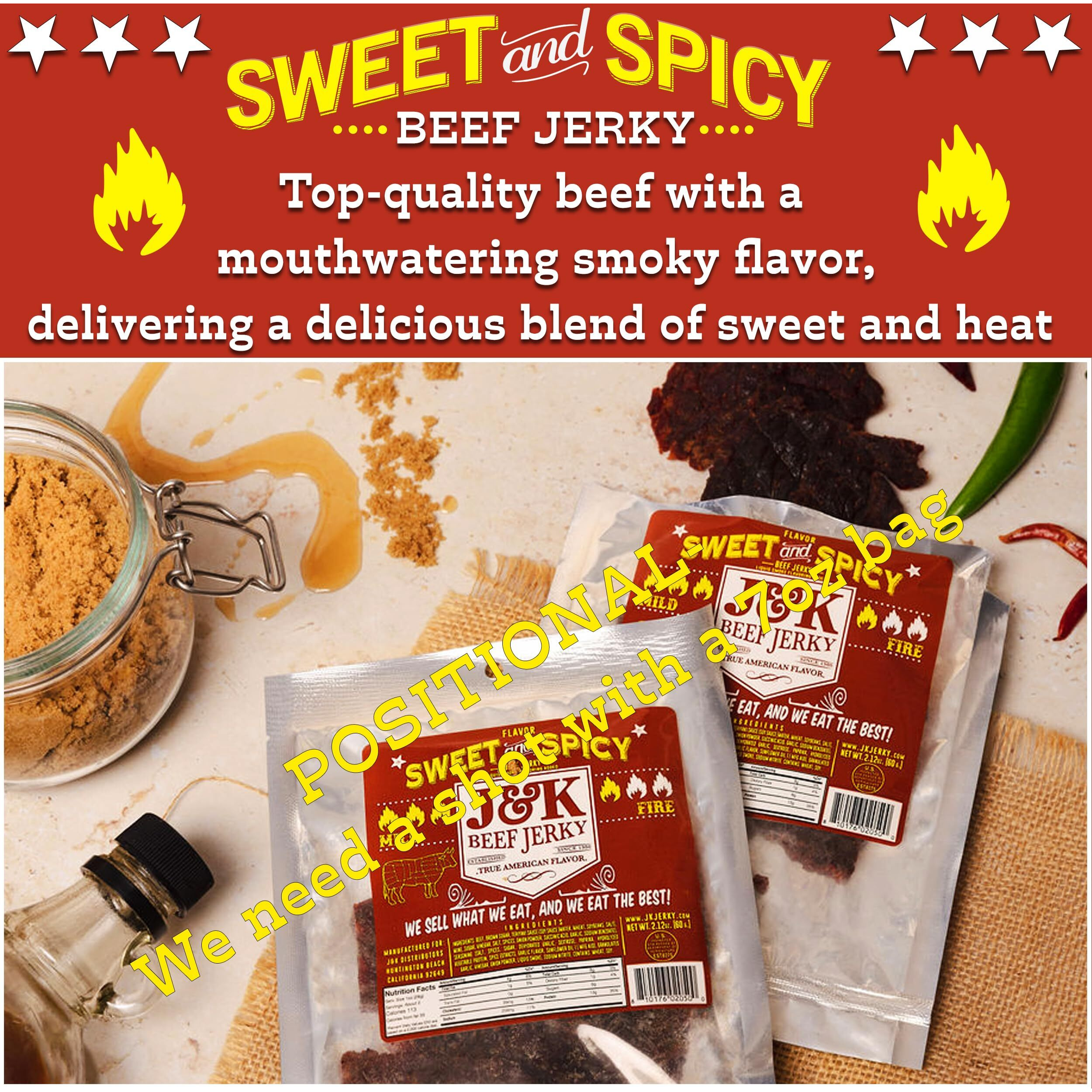 J&K Jerky Sweet And Spicy Beef Jerky - Hand Crafted Small Batch American Made Slab Beef Jerky - Bold & Flavorful Snack - 7Oz Big Bag Of Jerky