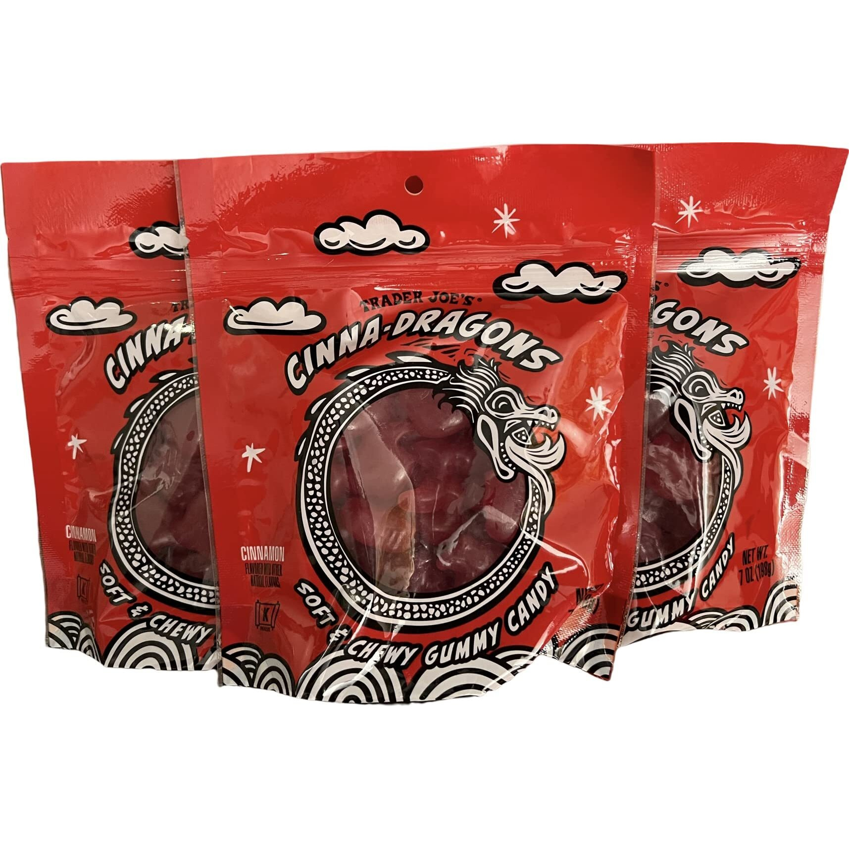 Trader Joe's Cinna-Dragons Cinnamon Flavored Hot Spicy Soft & Chewy Gummy Candy (Pack Of 3)