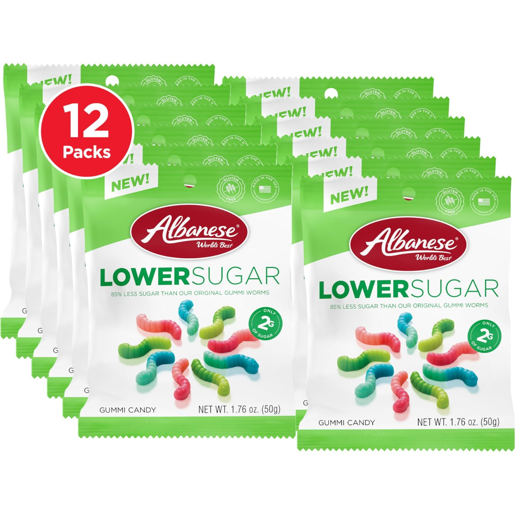 Albanese World's Best Lower Sugar, Gluten Free Mini Gummi Worms, 1.76Oz Bag (Pack Of 12), Individually Wrapped Soft & Chewy Candy Snacks