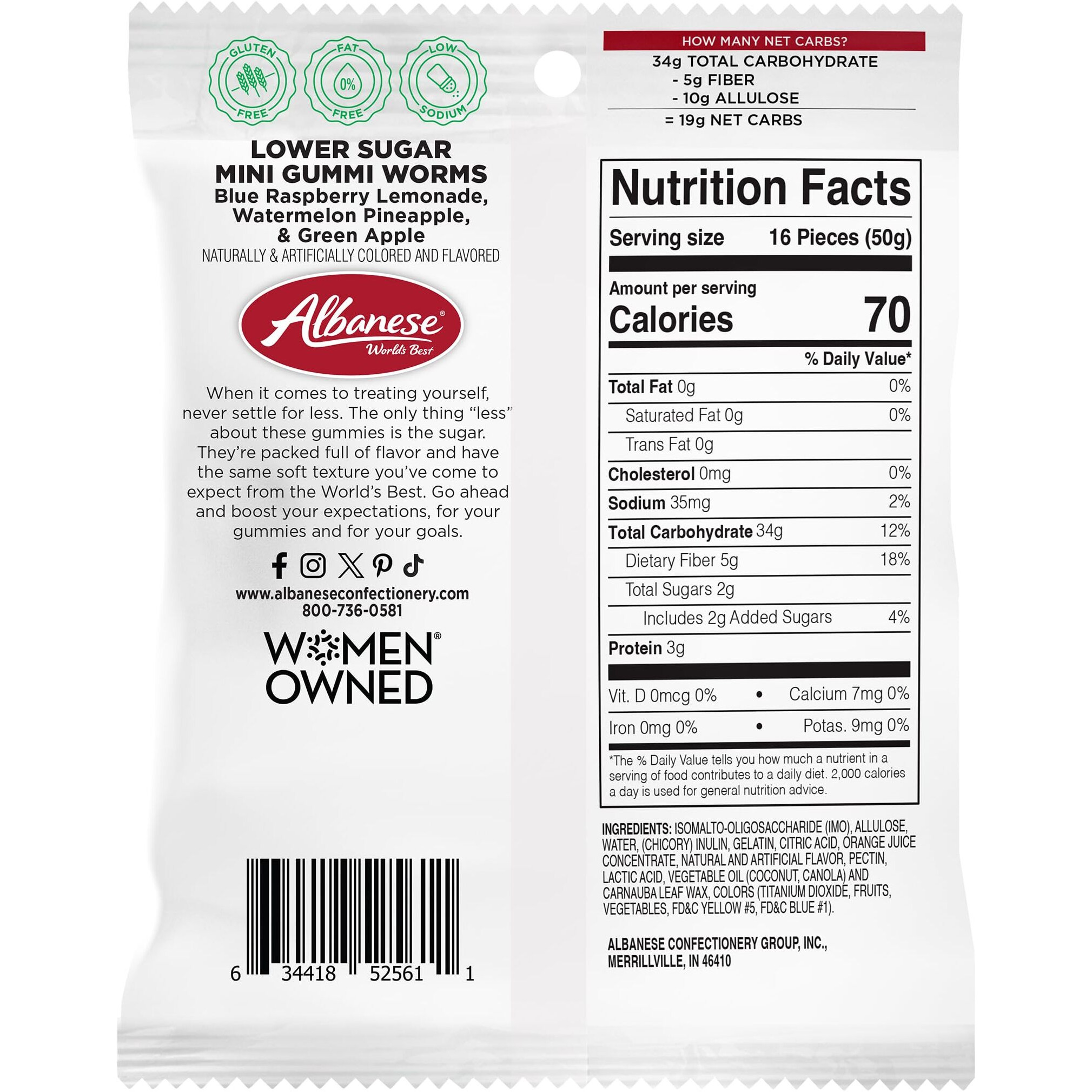 Albanese World's Best Lower Sugar, Gluten Free Mini Gummi Worms, 1.76Oz Bag (Pack Of 12), Individually Wrapped Soft & Chewy Candy Snacks