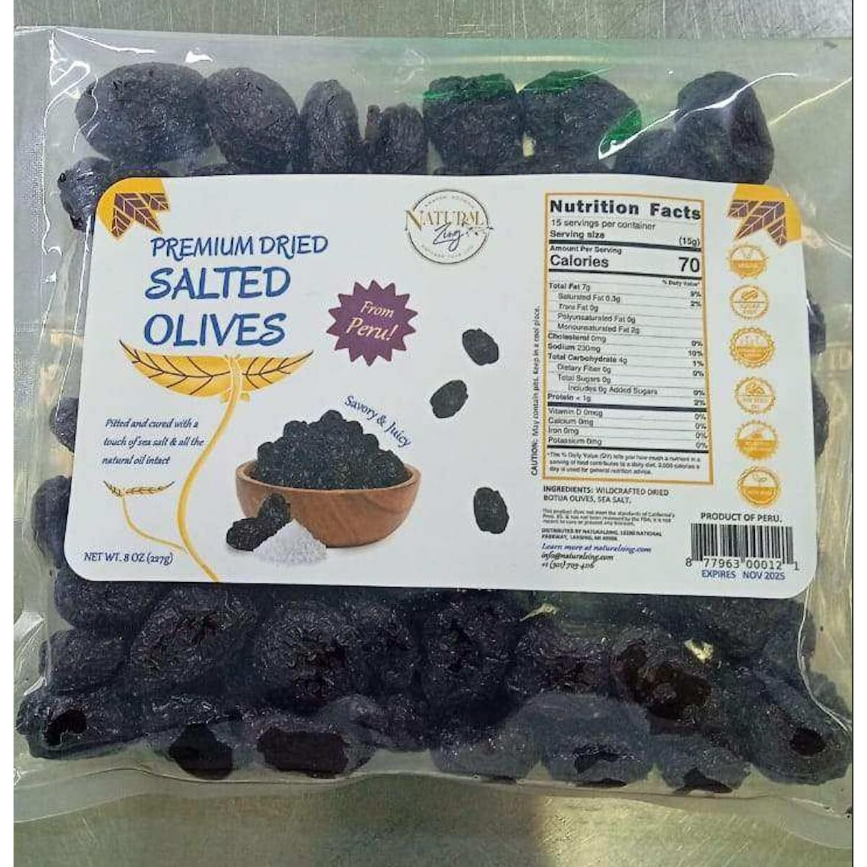 Naturalzing Organic Raw Peruvian Black Dried Pitted Premium Olives Cured 8 Ounce Bag