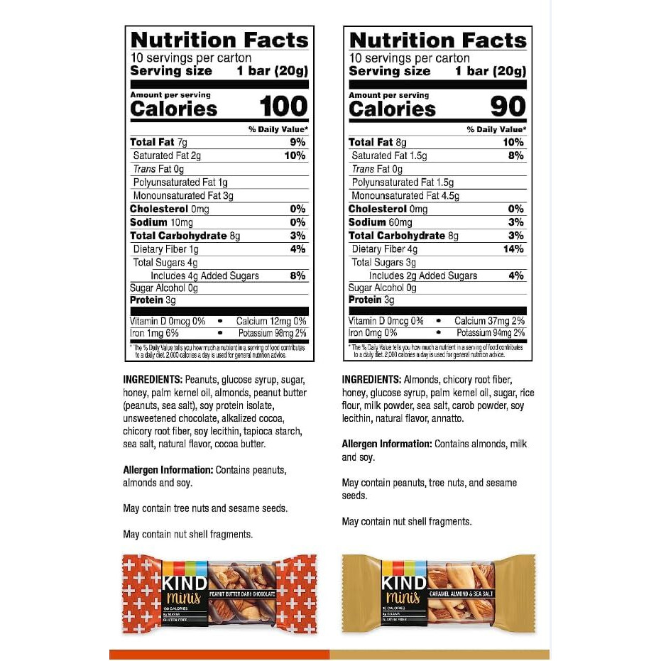 Kind Minis, Variety Pack. Contains 1 Peanut Butter Dark Chocolate, And 1 Caramel Almond & Sea Salt, Low Calorie, Gluten Free, Low Sugar, Healthy Snacks, Ilios Packaging. [20 Bars]