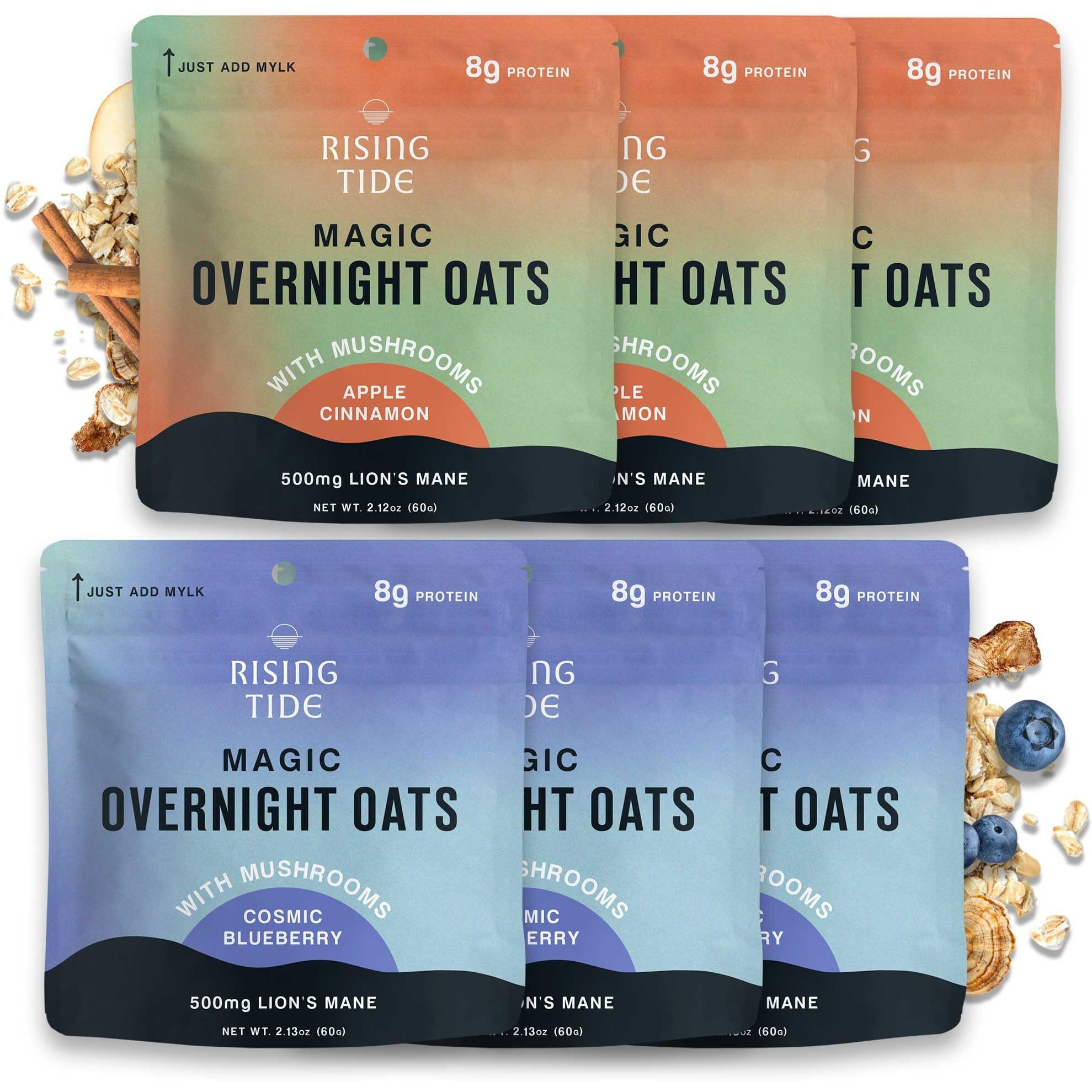 Mushroom Overnight Oats [6 Servings] - Blueberry & Apple Cinnamon Flavored Organic Oatmeal Variety Pack Made With Premium Grade Mushrooms - Lion's Mane, Turkey Tail, Chaga, Cordyceps
