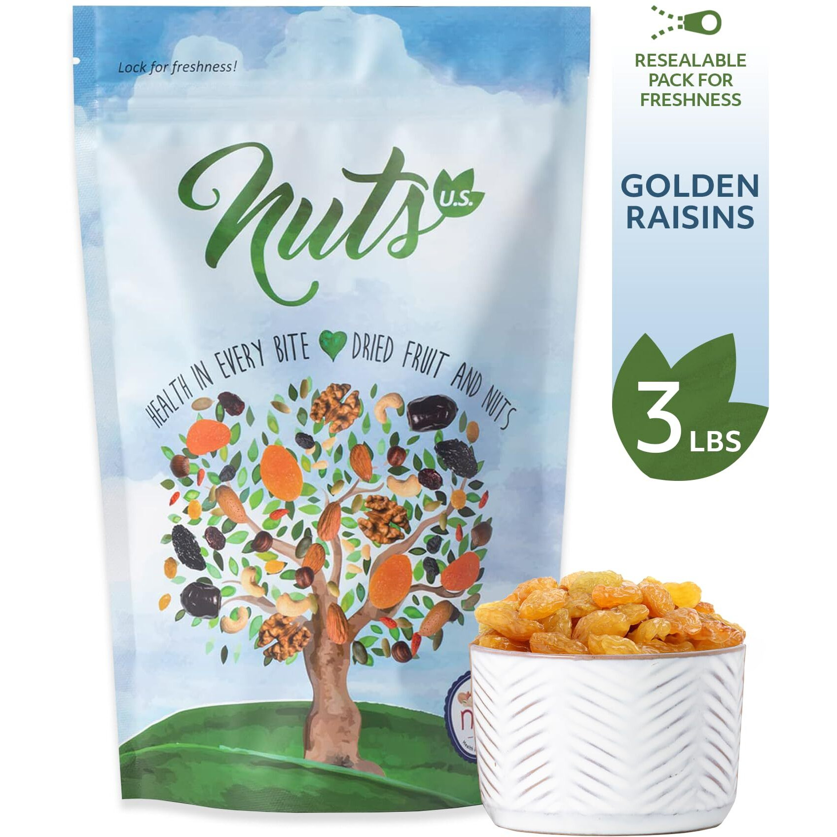 Nuts U.S. - Golden Raisin | All Natural | Non-Gmo And No Added Sugar | Jumbo Size | Packed In A Resealable Bag (3 Lbs)