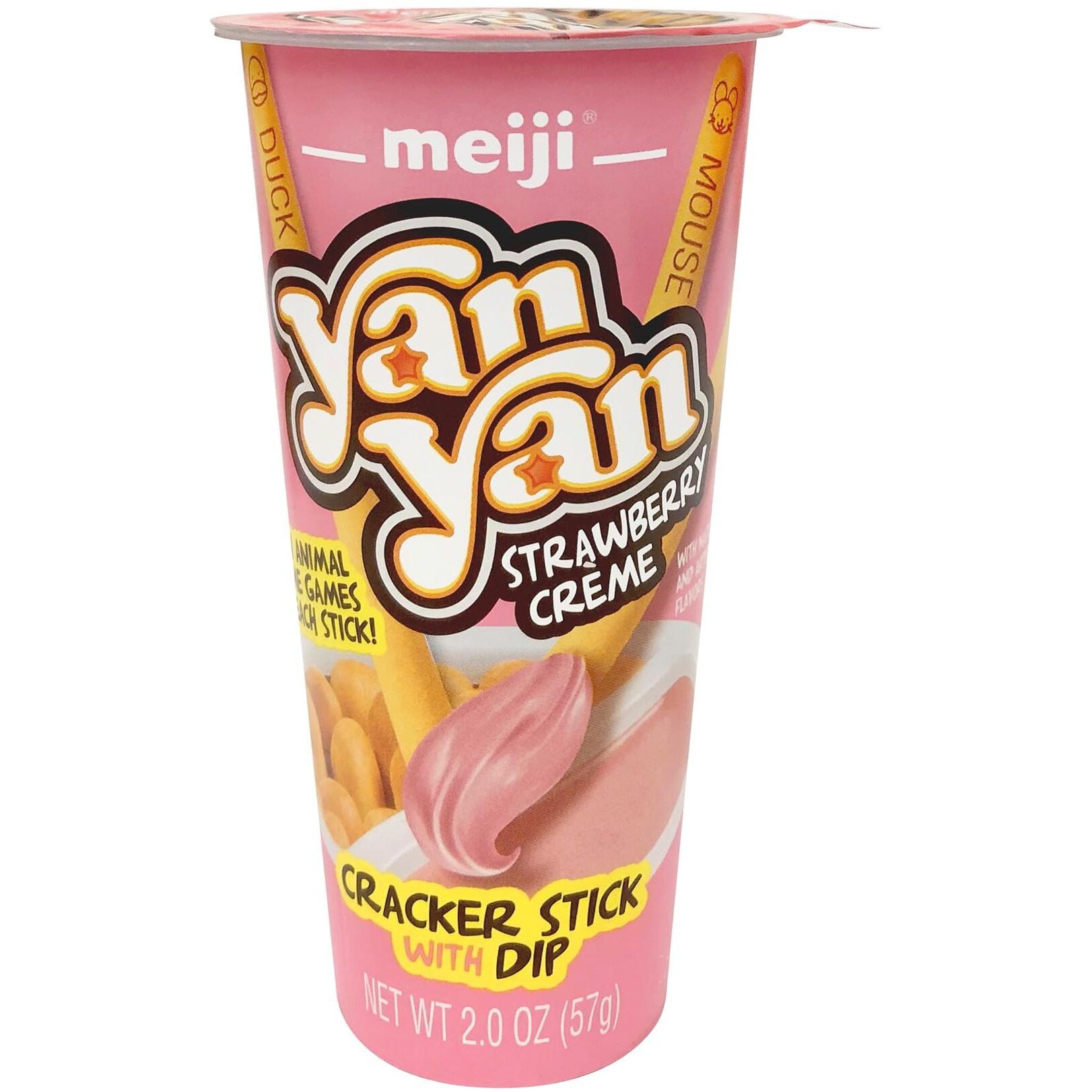 Meiji Yan Yan Dipping Sticks, Strawberry Crme - 2 Oz, Pack Of 10 - Cracker Sticks With Fun Animals Phrases