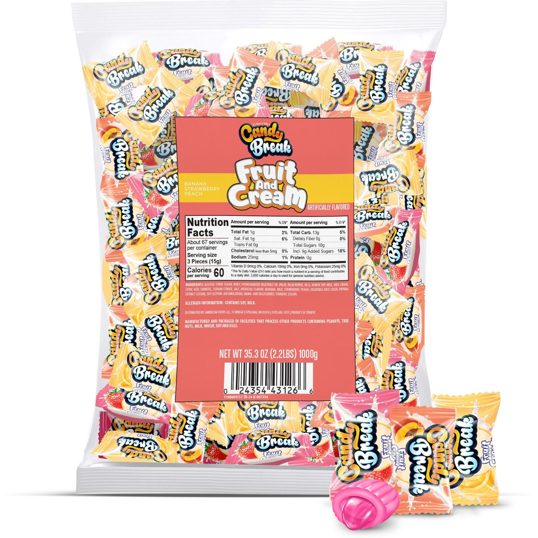 Candy Break Fruit And Cream Candy - 2.2 Pounds Share Size Bag Center Filled Hard Candy - Strawberry, Banana, Peach Flavored Variety Pack