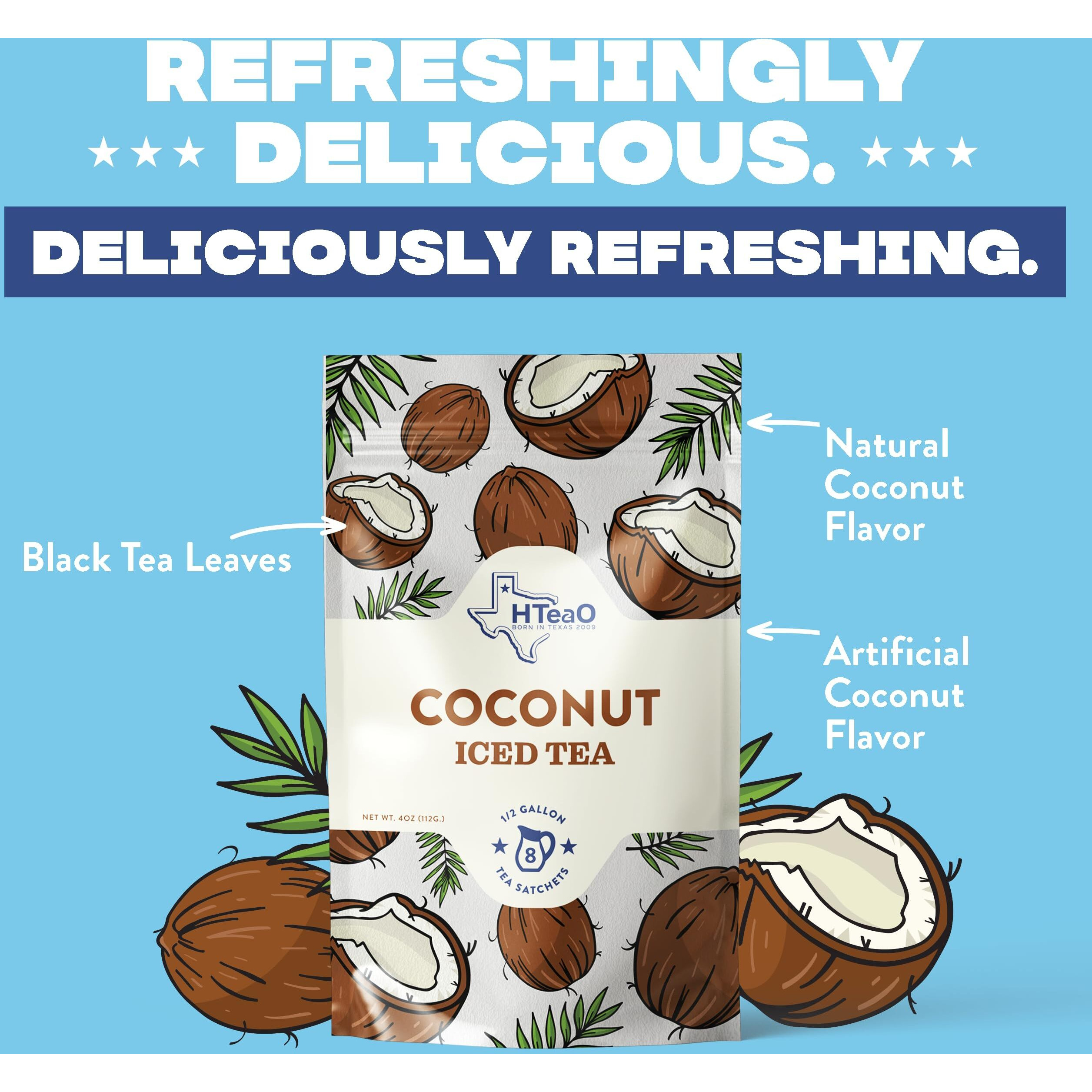 Hteao Iced Tea Sachets - Coconut Black Tea Mix For Instant Ice Tea - 4 Gallons Per Package - Real Texas-Style Flavored Iced Tea In 5 Minutes (Pack Of 8 Sachet Bags)