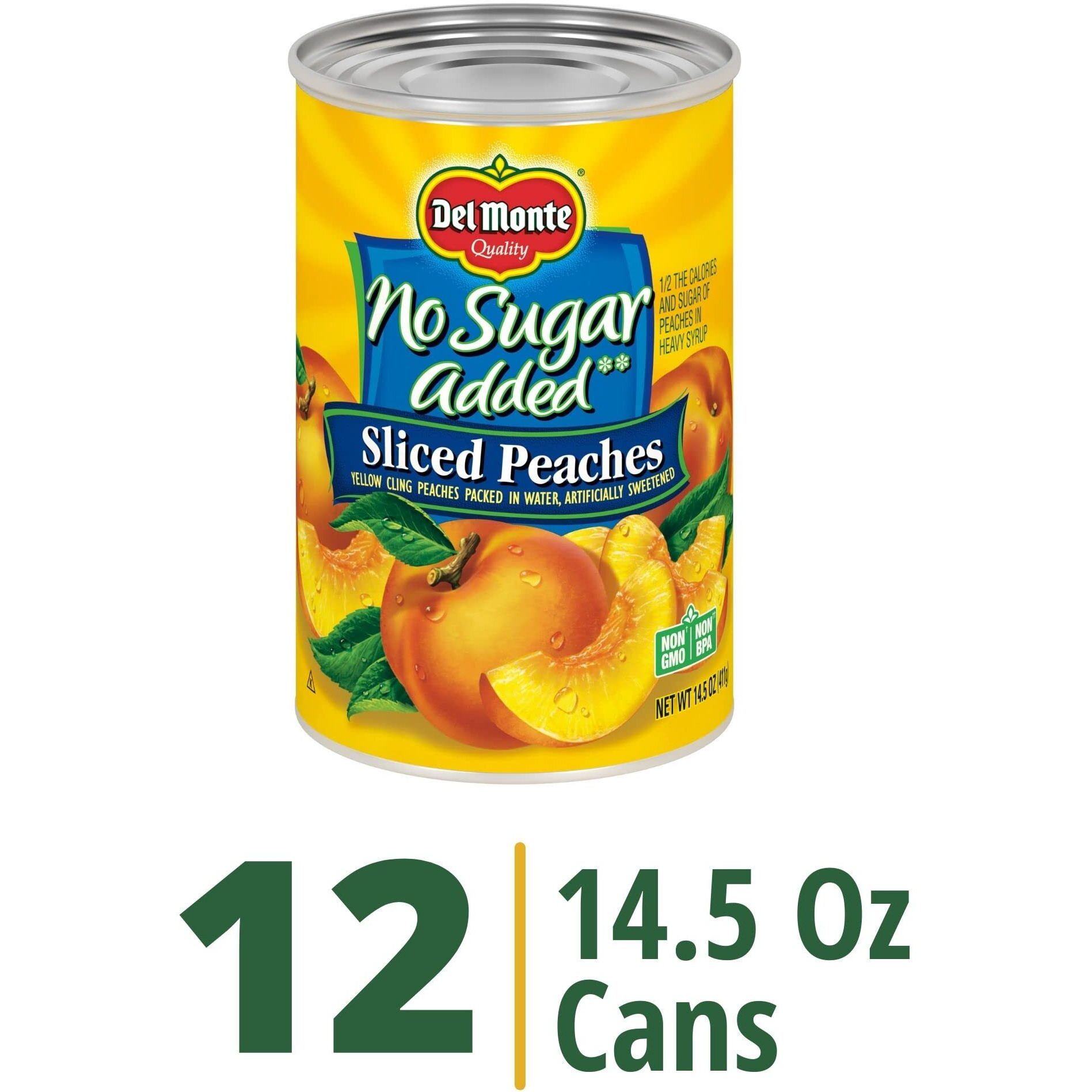 Del Monte No Sugar Added Yellow Cling Sliced Canned Peaches, 14.5 Oz Can (Pack Of 12)