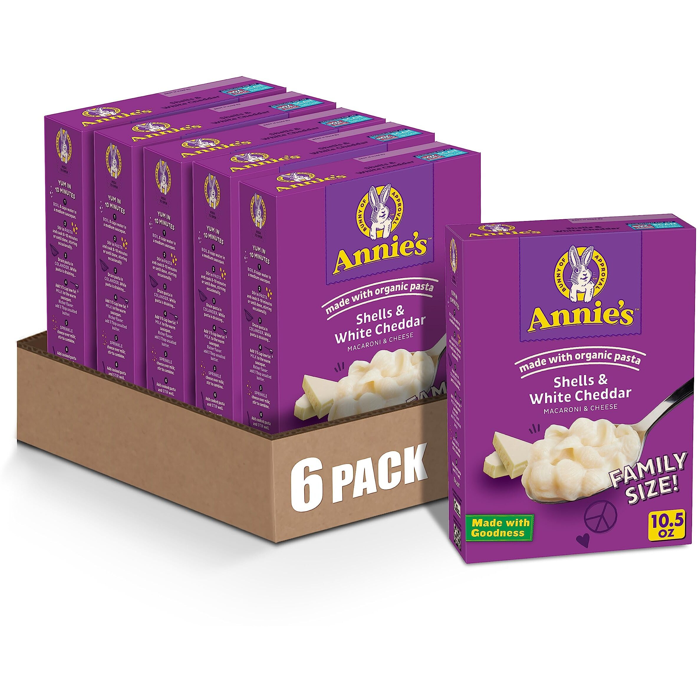 Annies White Cheddar Shells Macaroni & Cheese Dinner With Organic Pasta, 10.5 Oz (Pack Of 6)