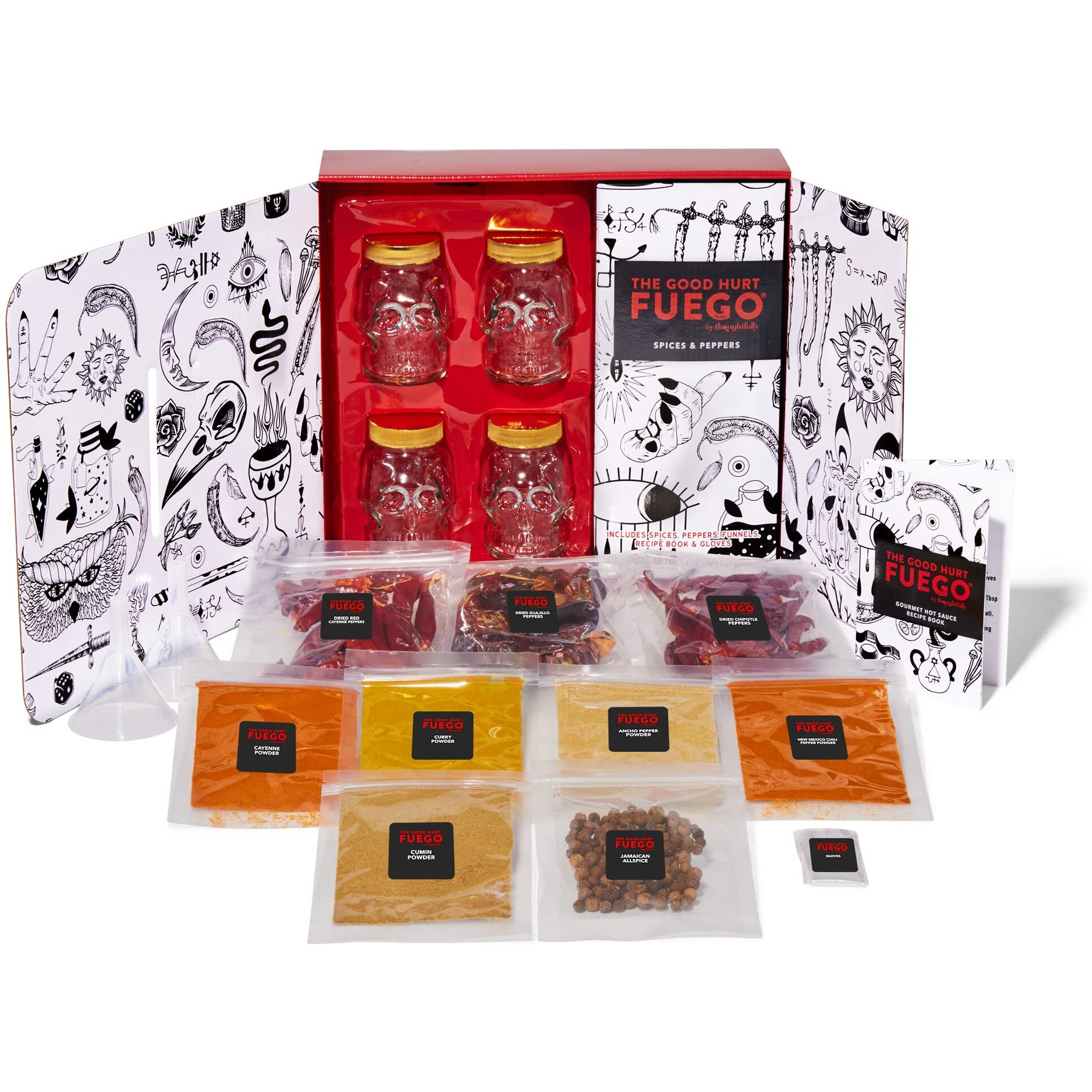 The Good Hurt Fuego By Thoughtfully, Diy Hot Sauce Set, Hot Sauce Making Kit Includes 4 Skull Shaped Reusable Glass Jars, 2 Funnels, Seasonings, Gloves And Recipe Book To Make Your Own Hot Sauce