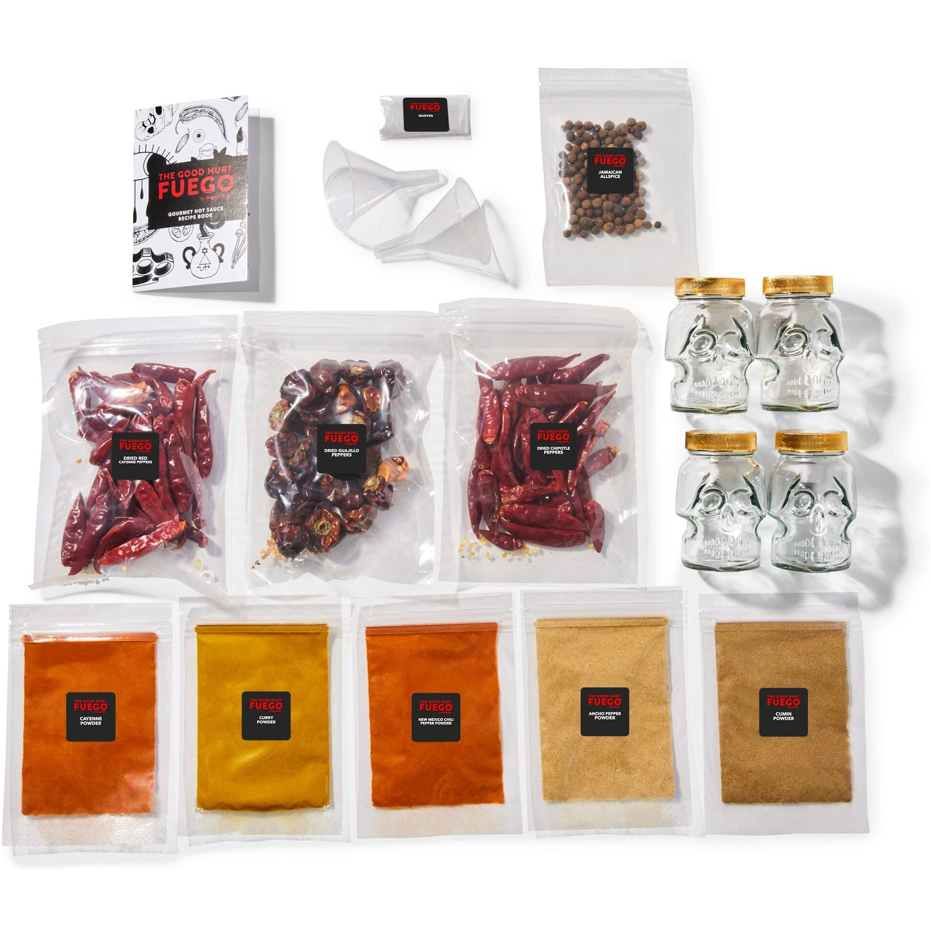 The Good Hurt Fuego By Thoughtfully, Diy Hot Sauce Set, Hot Sauce Making Kit Includes 4 Skull Shaped Reusable Glass Jars, 2 Funnels, Seasonings, Gloves And Recipe Book To Make Your Own Hot Sauce
