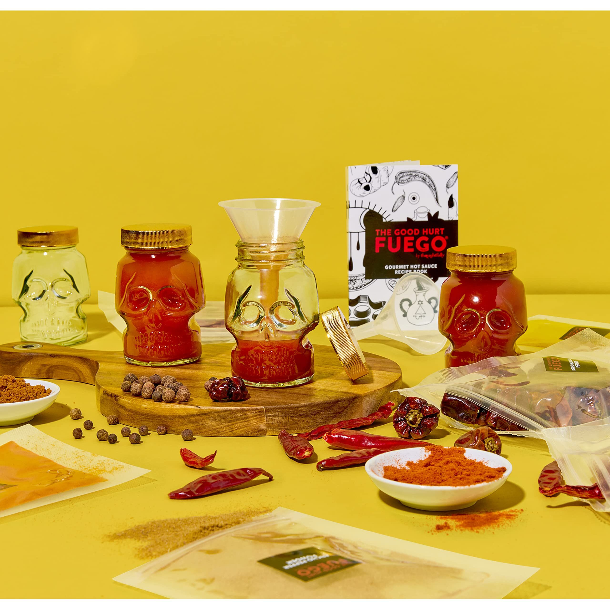 The Good Hurt Fuego By Thoughtfully, Diy Hot Sauce Set, Hot Sauce Making Kit Includes 4 Skull Shaped Reusable Glass Jars, 2 Funnels, Seasonings, Gloves And Recipe Book To Make Your Own Hot Sauce