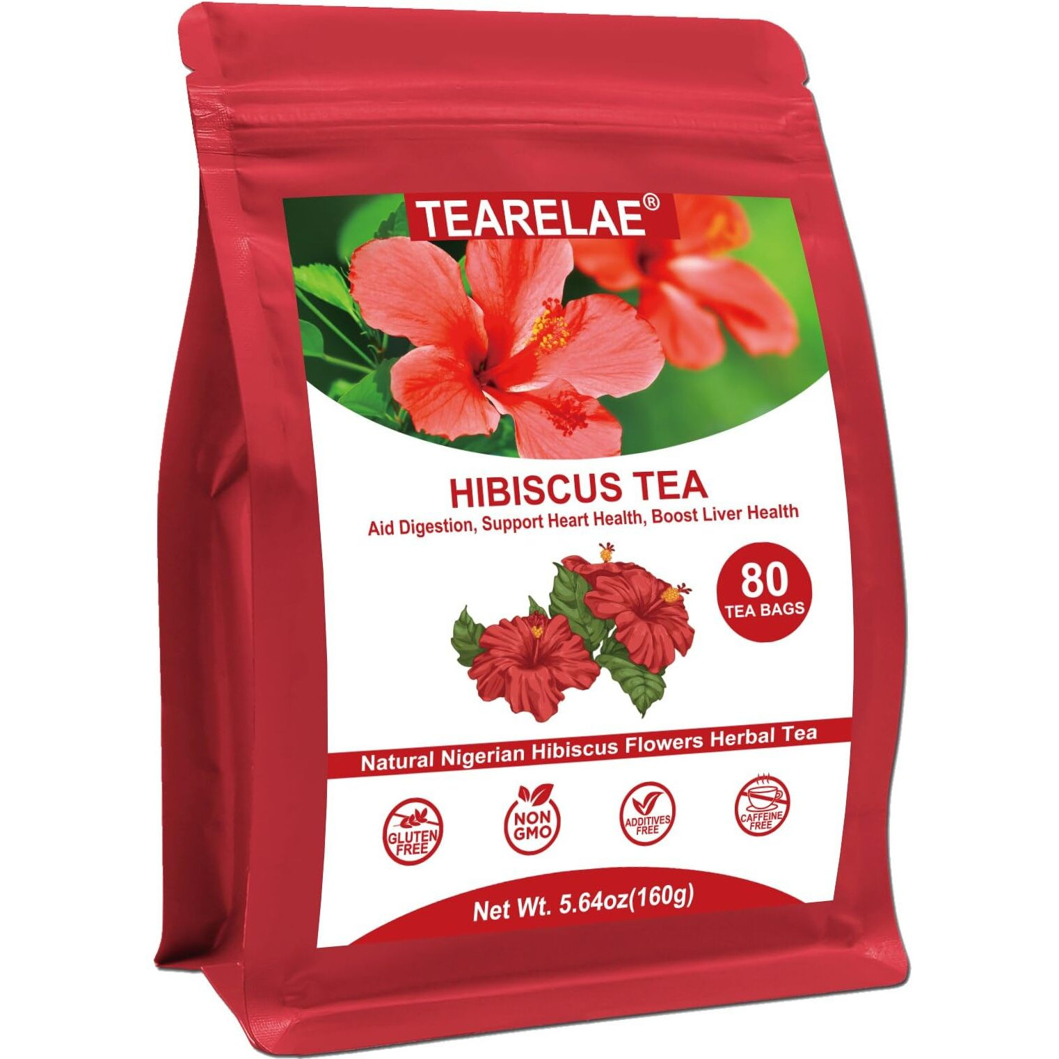 Tearelae - Hibiscus Tea Bags - 2G X 80 Count - 100% Pure Hibiscus Flowers - Country Of Origin Nigeria - Non-Gmo - Caffeine-Free - Aid Digestion & Support Heart Health