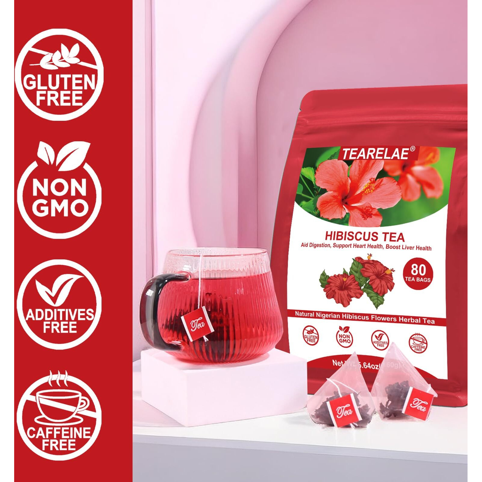 Tearelae - Hibiscus Tea Bags - 2G X 80 Count - 100% Pure Hibiscus Flowers - Country Of Origin Nigeria - Non-Gmo - Caffeine-Free - Aid Digestion & Support Heart Health