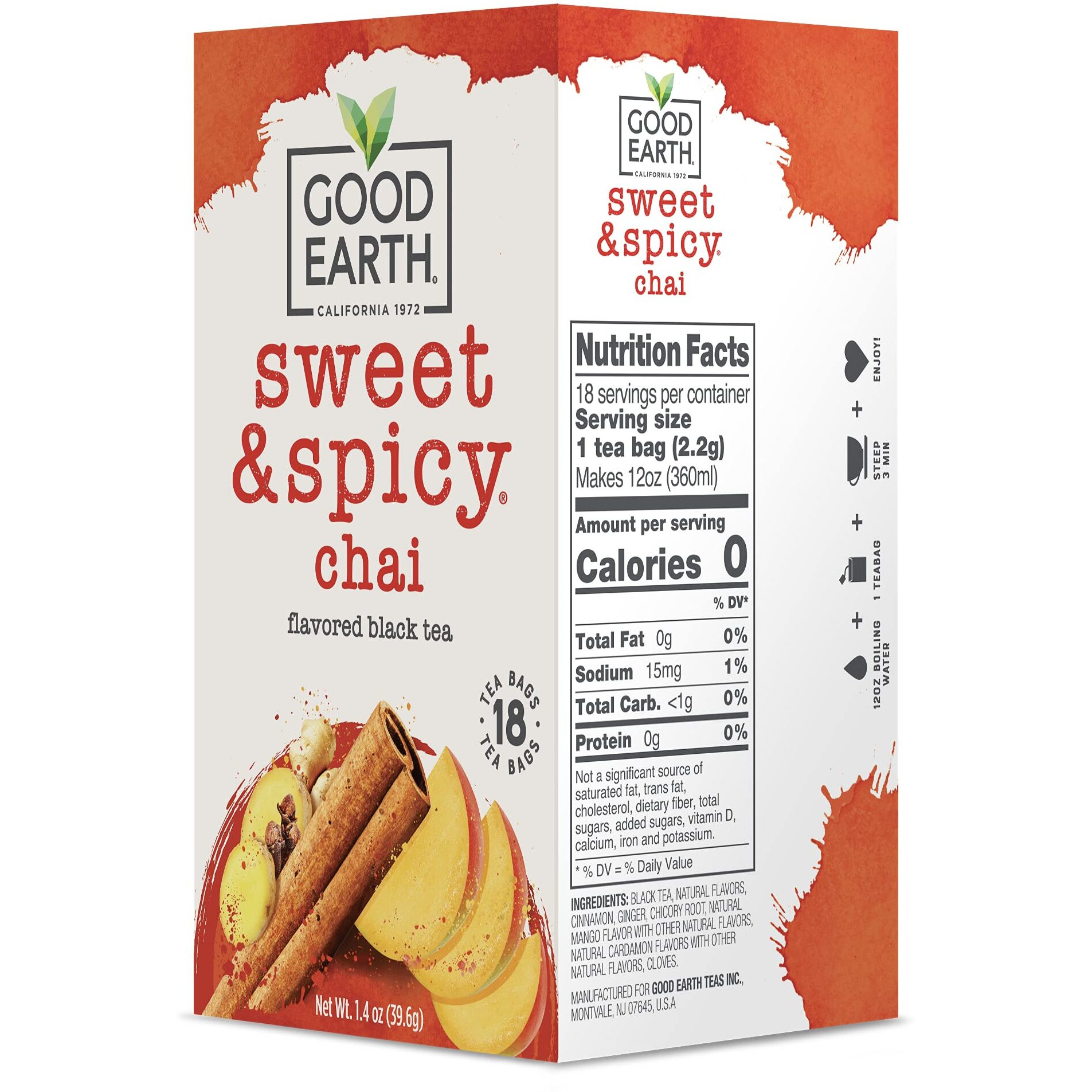 Good Earth Sweet & Spicy, Chai Black Tea, 18 Tea Bags (Pack Of 6)
