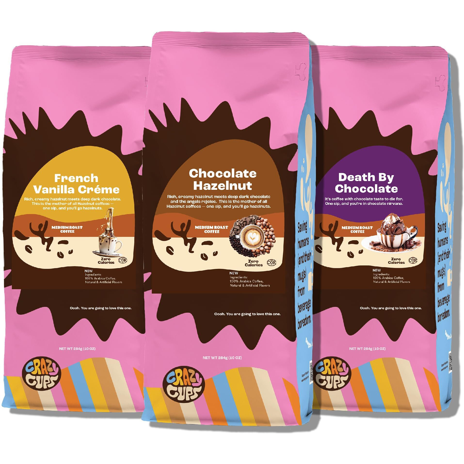 Crazy Cups Flavored Ground Coffee Variety Pack, Includes Chocolate Hazelnut, French Vanilla Creme & Death By Chocolate, In 10 Oz Bags, Variety 3 Pack