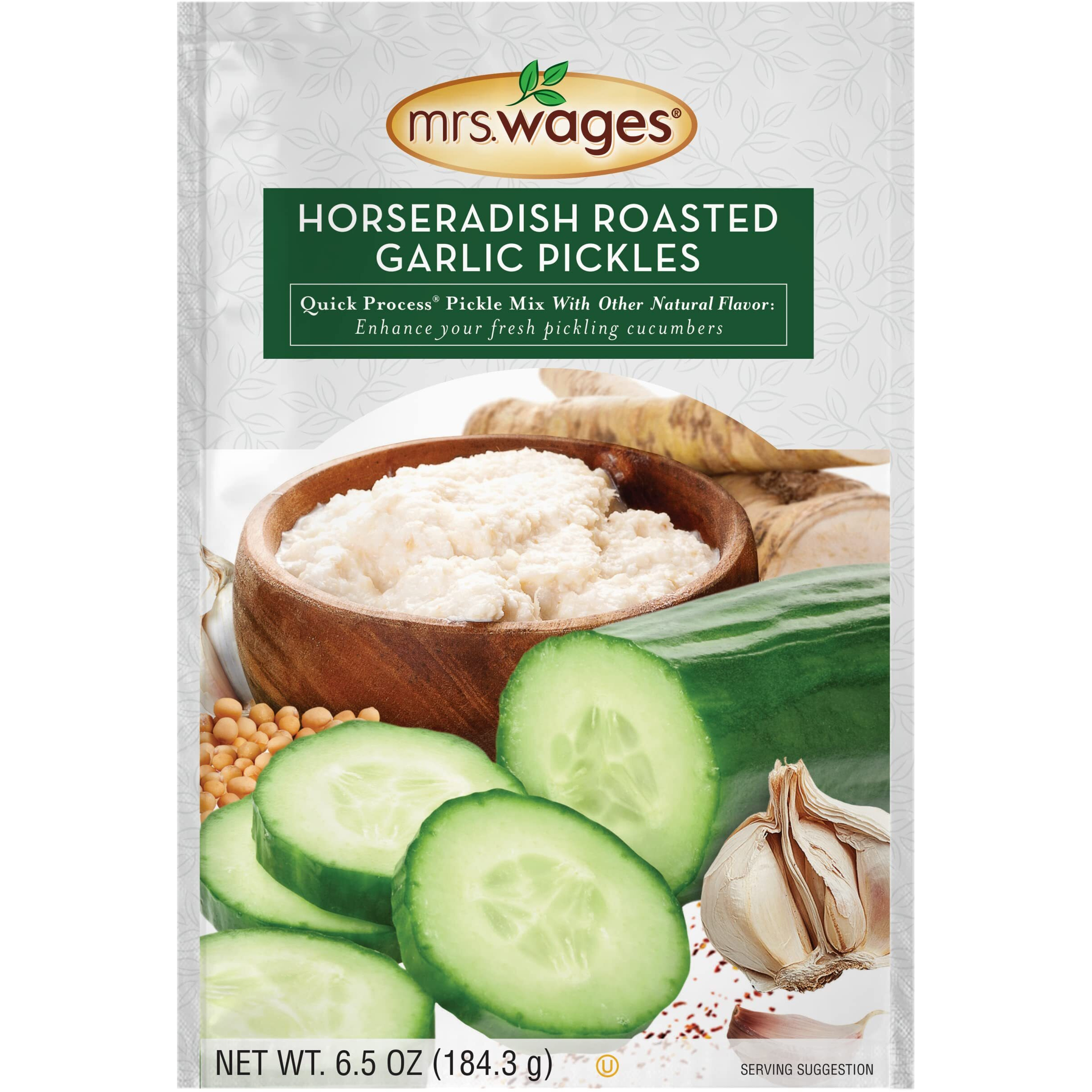 Mrs. Wages Horseradish Roasted Garlic Quick Process Pickle Mix, Quick And Easy, Simple-To-Use, Unique Spicy Garlic Flavor, 6.5 Oz Packet (Value Packof 6)