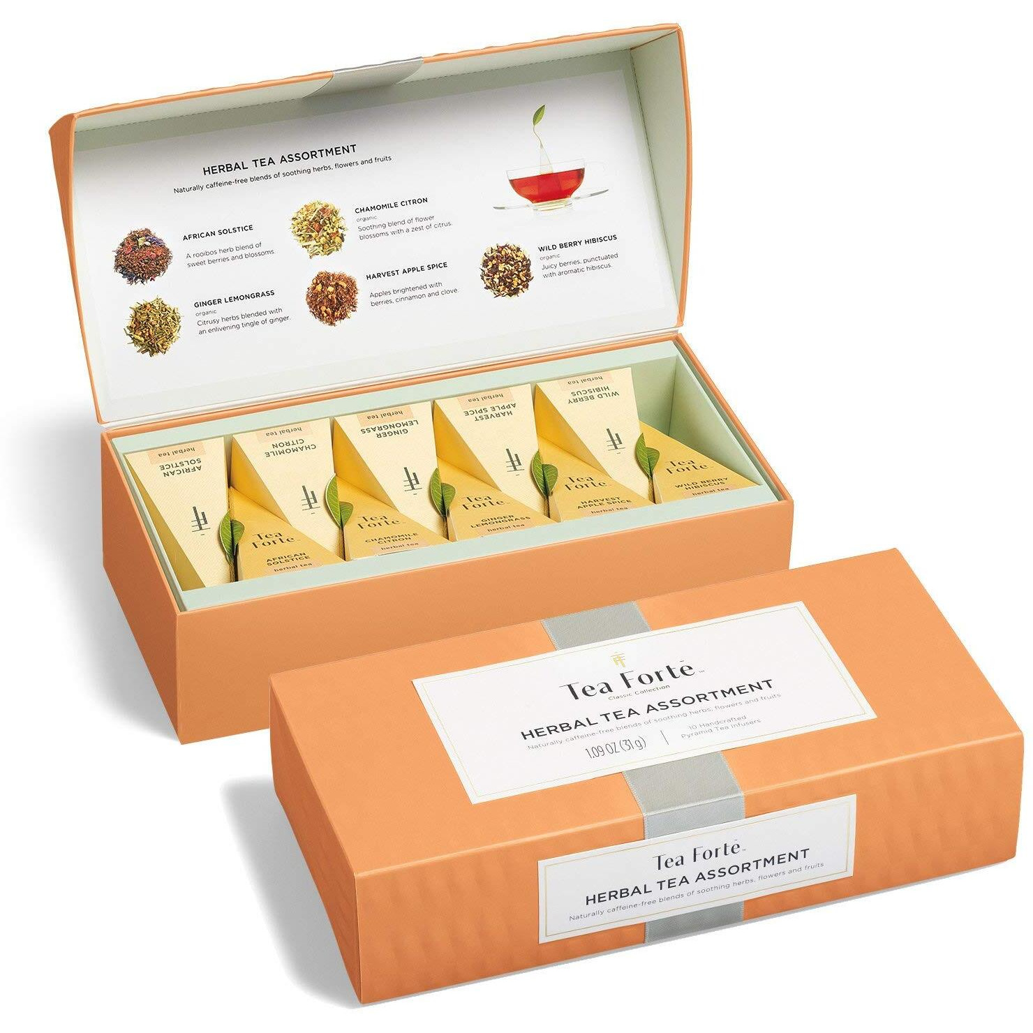 Tea Forte Herbal Tea Assortment, Petite Presentation Box, Sampler Gift Set With Handcrafted Pyramid Infusers, Naturally Caffeine Free, 10 Count (Pack Of 1)