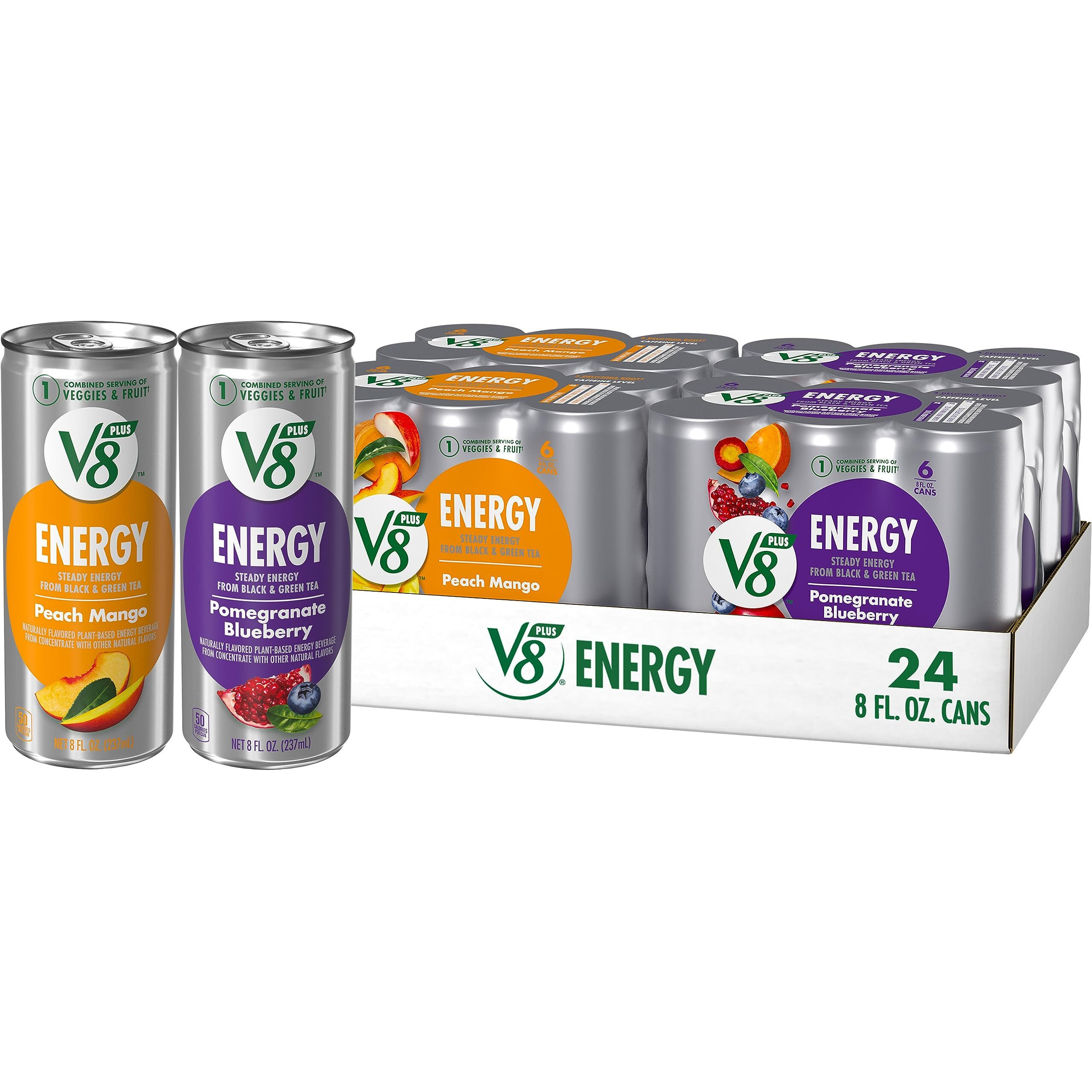 V8 +Energy Pomegranate Blueberry And Peach Mango Juice Energy Drinks, 8 Fl Oz Can (24 Pack)