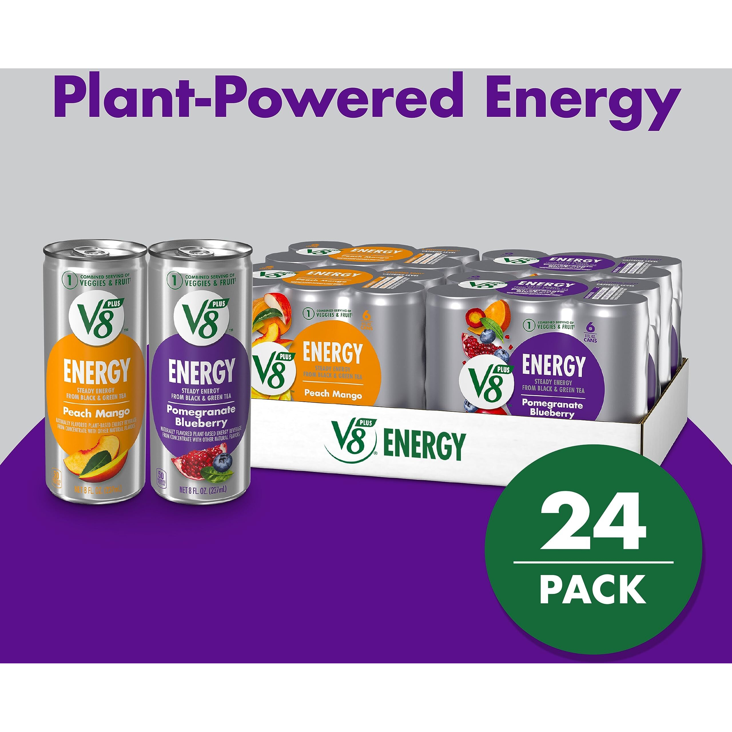 V8 +Energy Pomegranate Blueberry And Peach Mango Juice Energy Drinks, 8 Fl Oz Can (24 Pack)