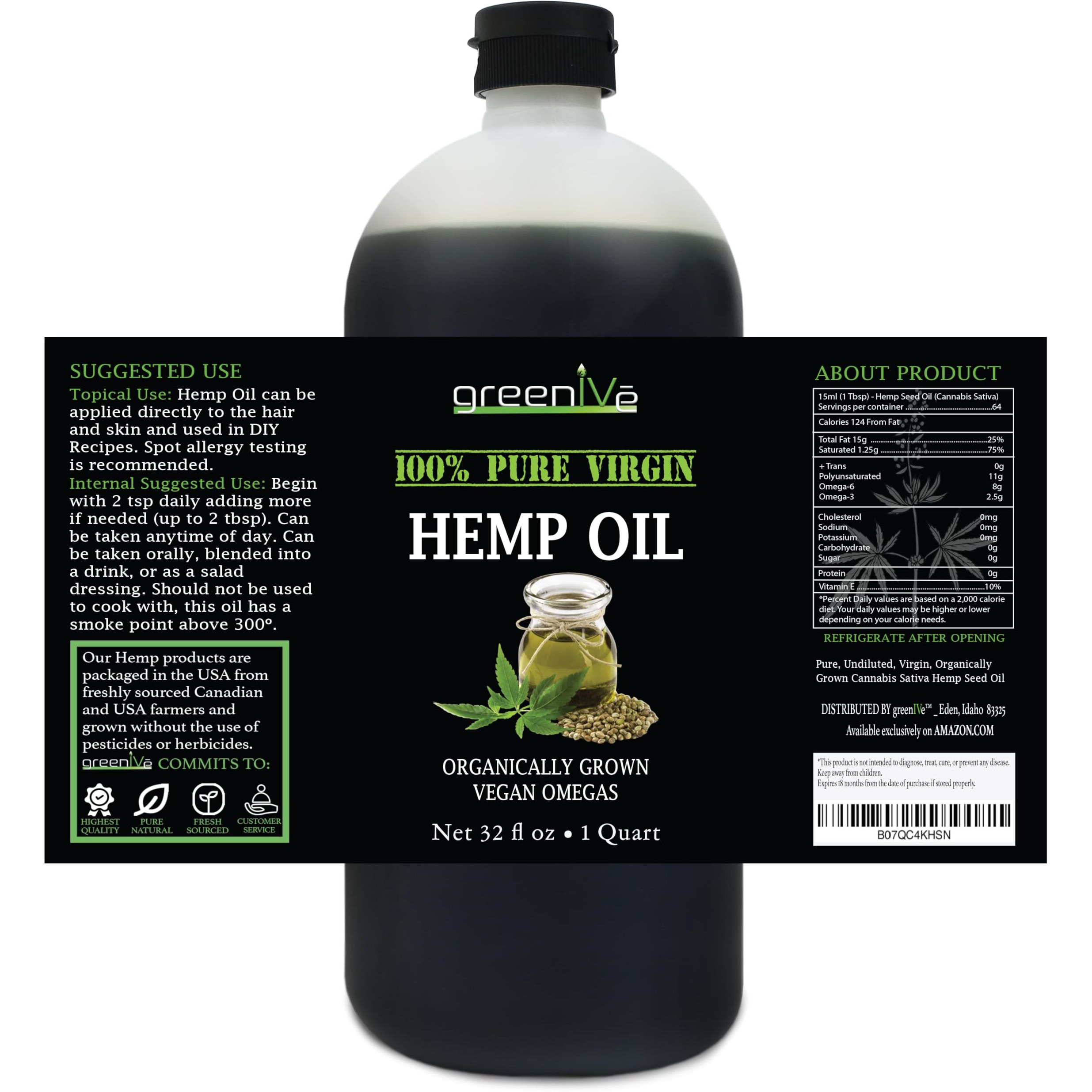 Greenive Organically Grown Hemp Oil 896,000Mg Vegan Omegas 100% Pure Cold Pressed (32Oz)