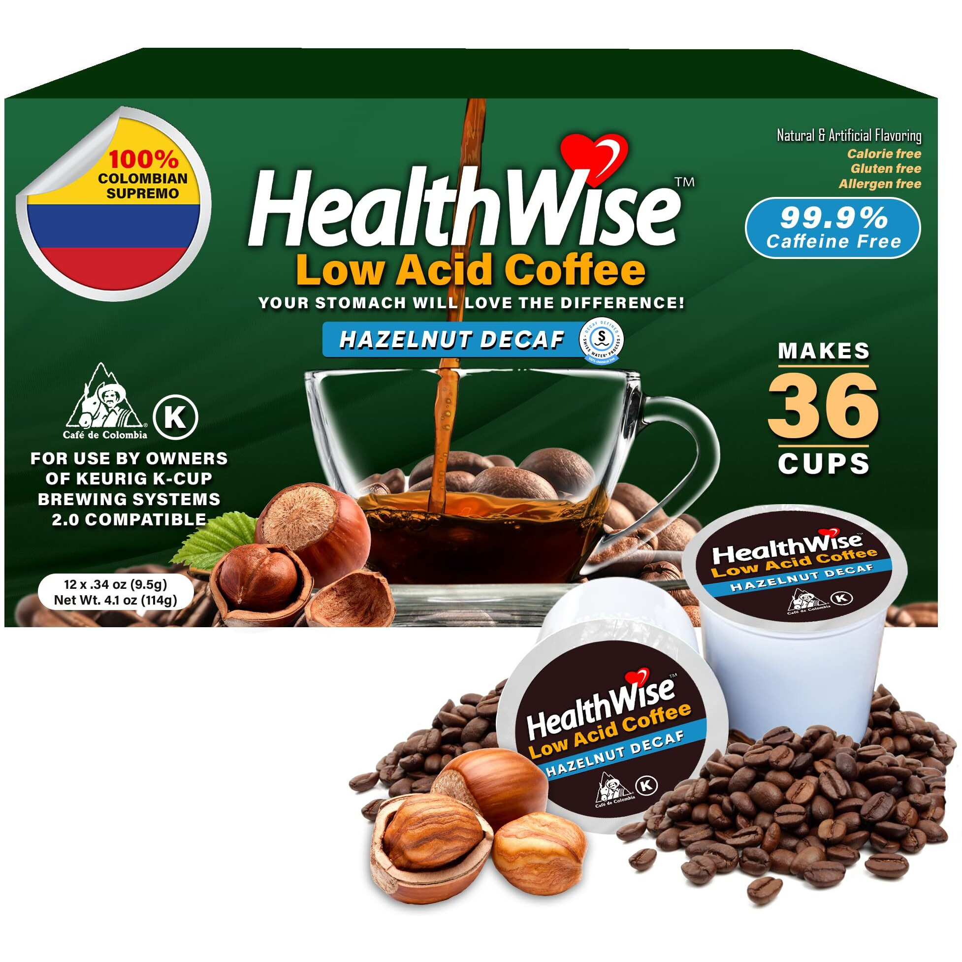 Healthwise Decaf Coffee K-Cups - Soothe Acid Reflux & Heartburn, Gentle On Sensitive Stomachs, Eases Digestive Discomfort - Hazelnut Flavor - 36 Count (Pack Of 1)