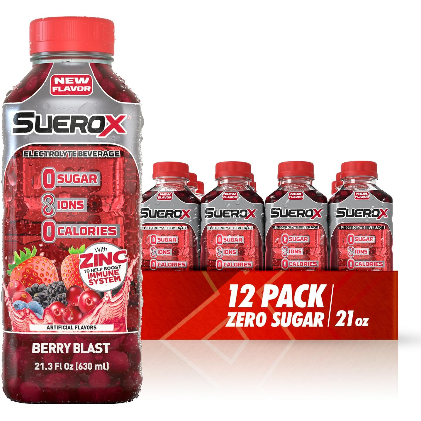 Suerox Zero Sugar Electrolyte Drink For Hydration And Recovery, Unique Blend Of Electrolytes & 8 Ions, Zero Calorie Sports Drink, 21.3 Fl Oz, Berry Blast, 12 Count