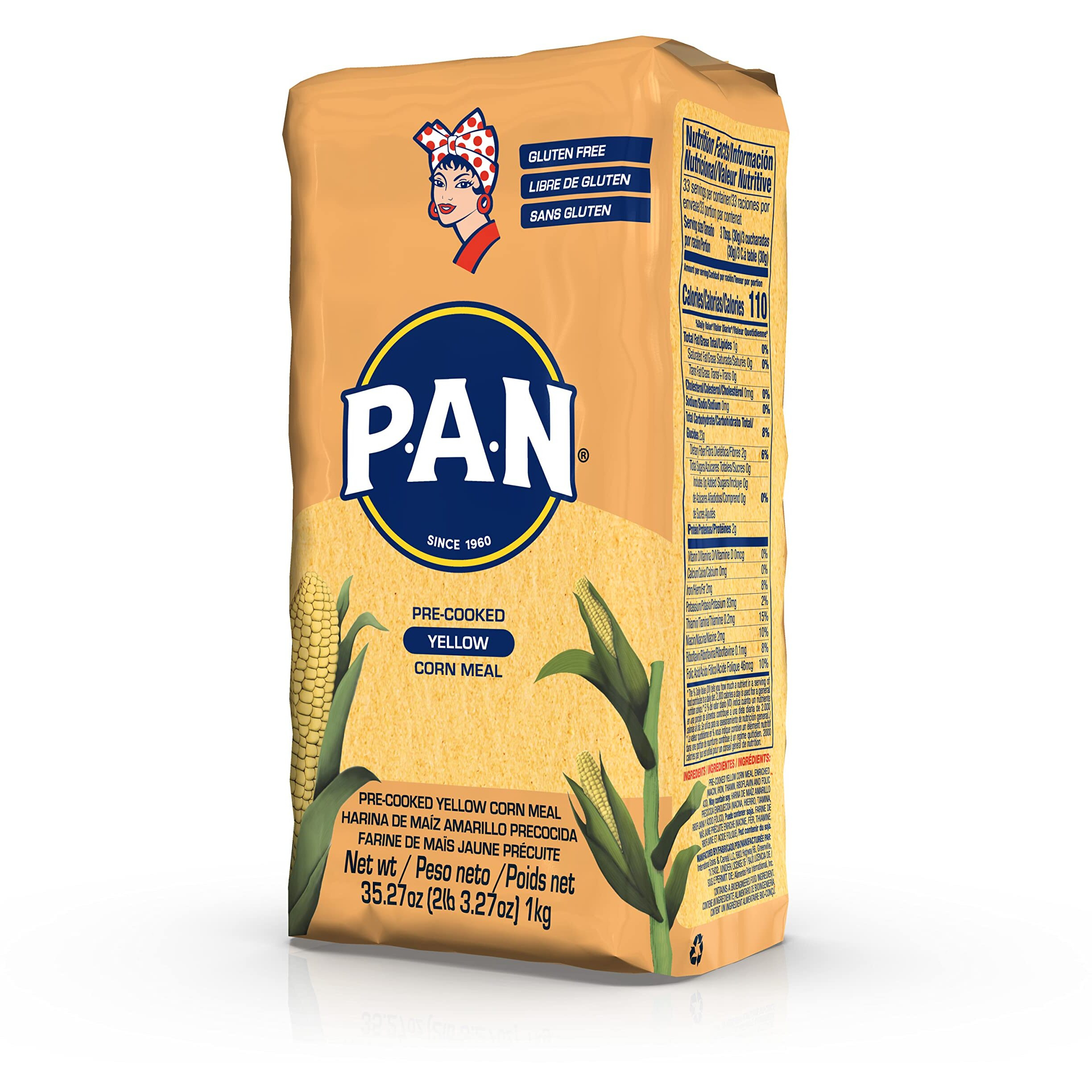 P.A.N. Yellow Corn Meal - Pre-Cooked Gluten Free And Kosher Flour For Arepas (2.2 Lb/Pack Of 4)