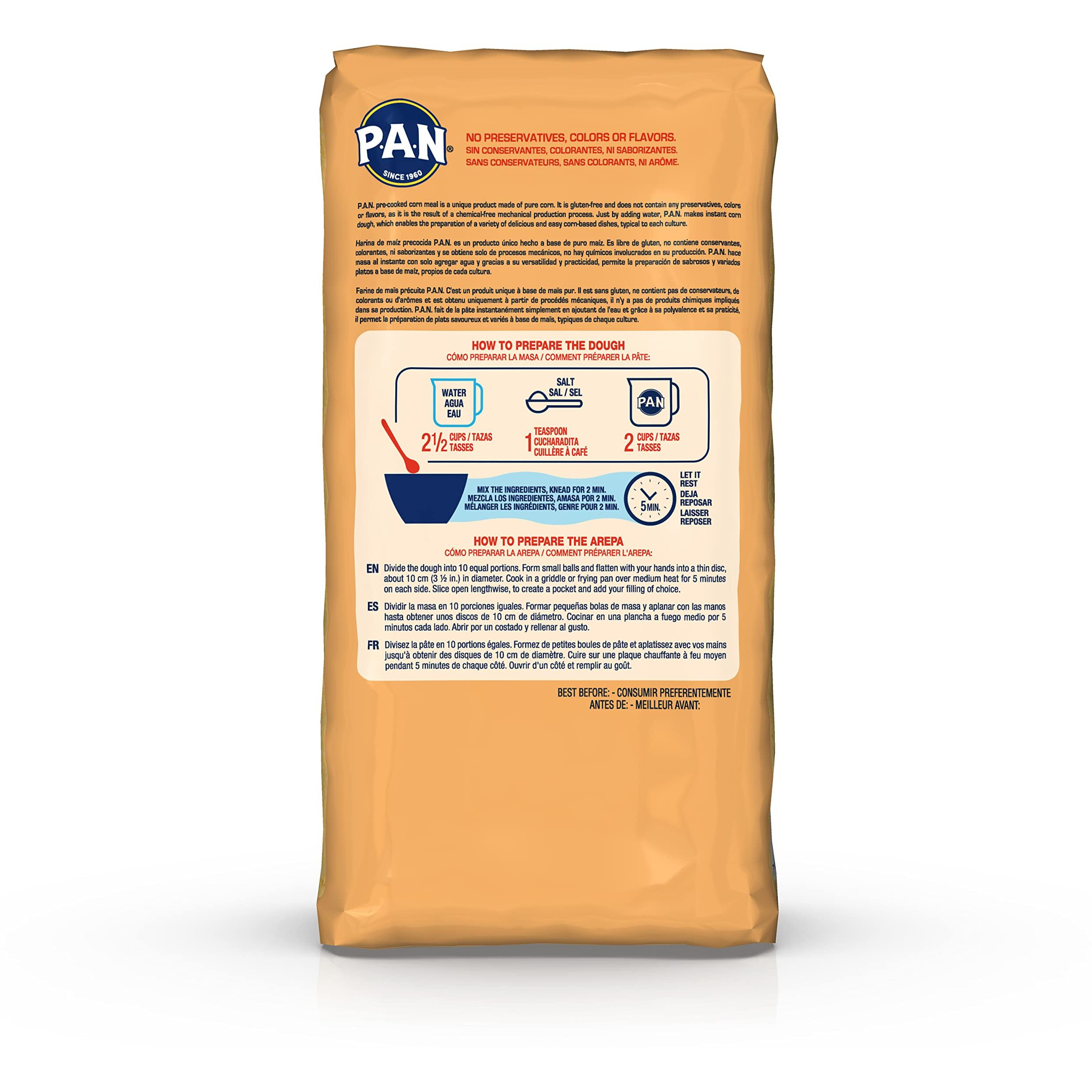P.A.N. Yellow Corn Meal - Pre-Cooked Gluten Free And Kosher Flour For Arepas (2.2 Lb/Pack Of 4)