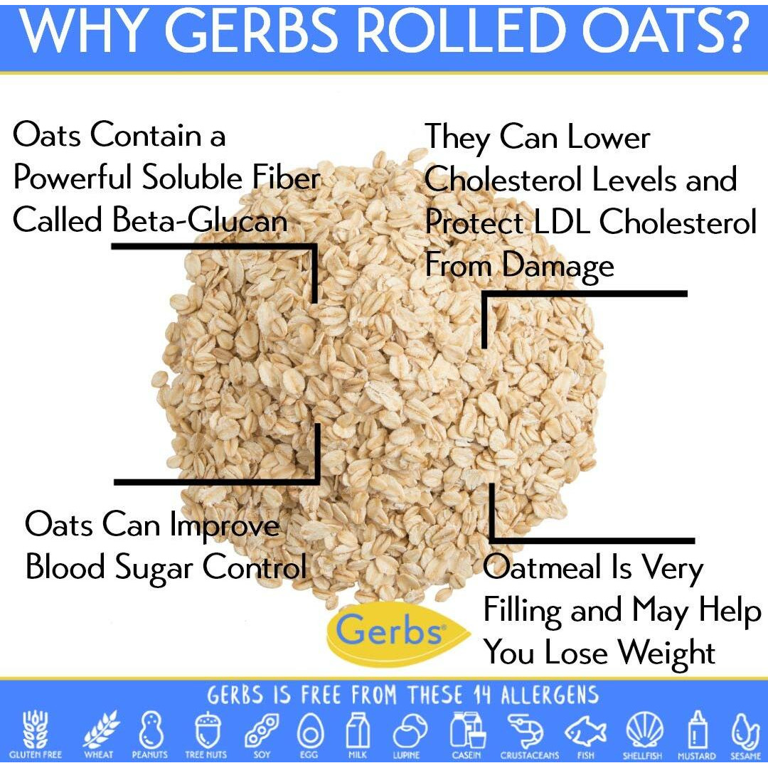 Gerbs Traditional Rolled Oats 2 Lbs. Premium Grade | Top 14 Food Allergy Free | Freshly Harvested In Resealable Bulk Bag | High In Fiber & Antioxidants, Control Overeating | Gluten Peanut Tree Nut Free
