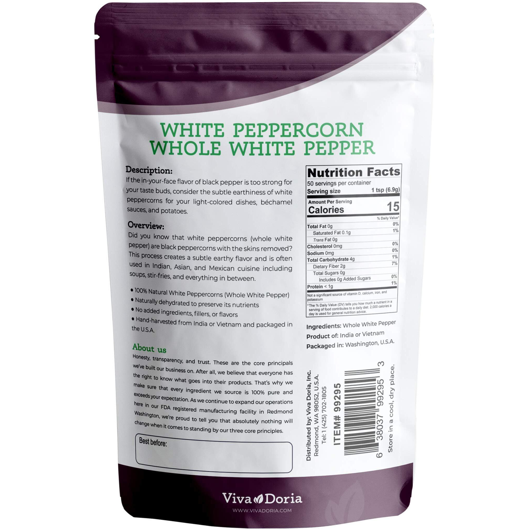 Viva Doria White Peppercorn, Whole White Pepper, 12 Oz For Grinder Refill