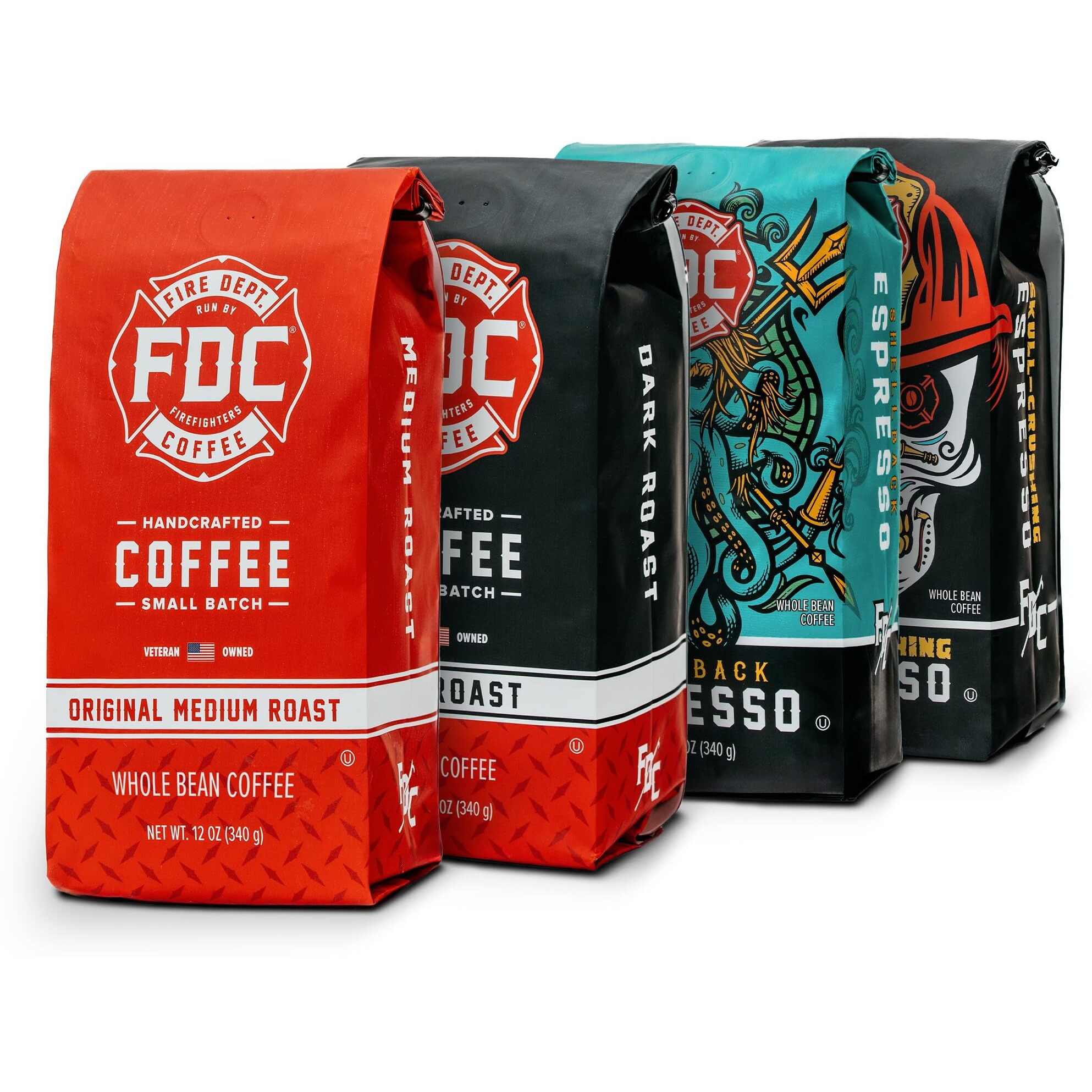 Fire Department Coffee - Gives Back To Firefighters - Rescue Variety Pack - Whole Bean Coffee - Original Medium Roast, Dark Roast, Shellback Espresso, & Skull Crushing Espresso Coffee Beans - Veteran Owned (12Oz, Pack Of 4)