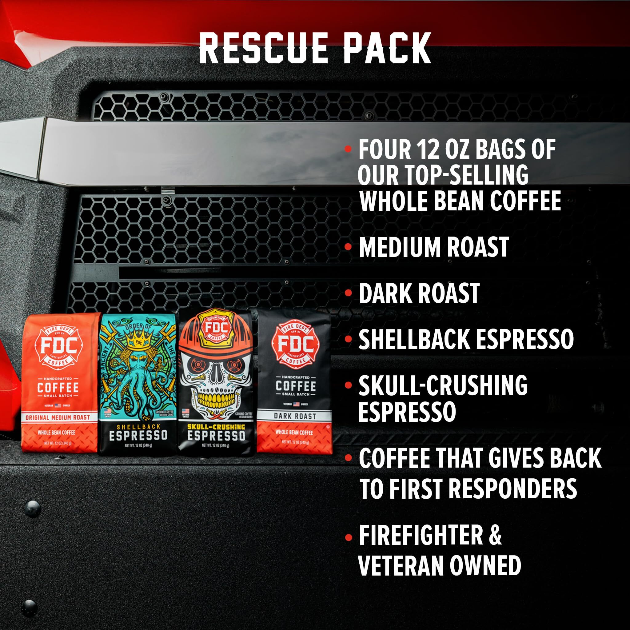 Fire Department Coffee - Gives Back To Firefighters - Rescue Variety Pack - Whole Bean Coffee - Original Medium Roast, Dark Roast, Shellback Espresso, & Skull Crushing Espresso Coffee Beans - Veteran Owned (12Oz, Pack Of 4)