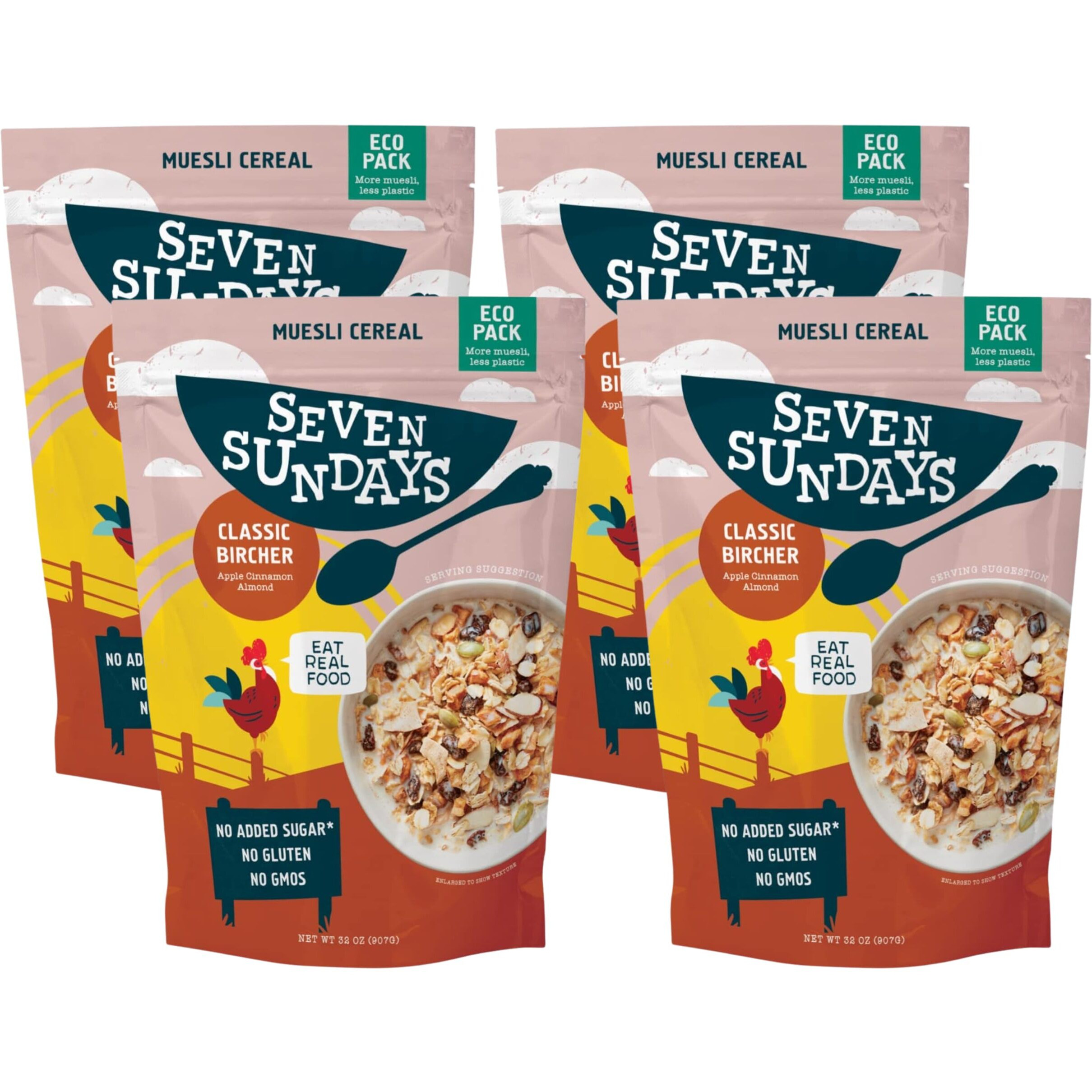 Seven Sundays Muesli Cereal, Classic Bircher Apple Cinnamon Almond, 32 Oz Bag (Pack Of 4), Gluten Free, 0G Added Sugar, Enjoy Warm, Cool Or As Overnight Oats