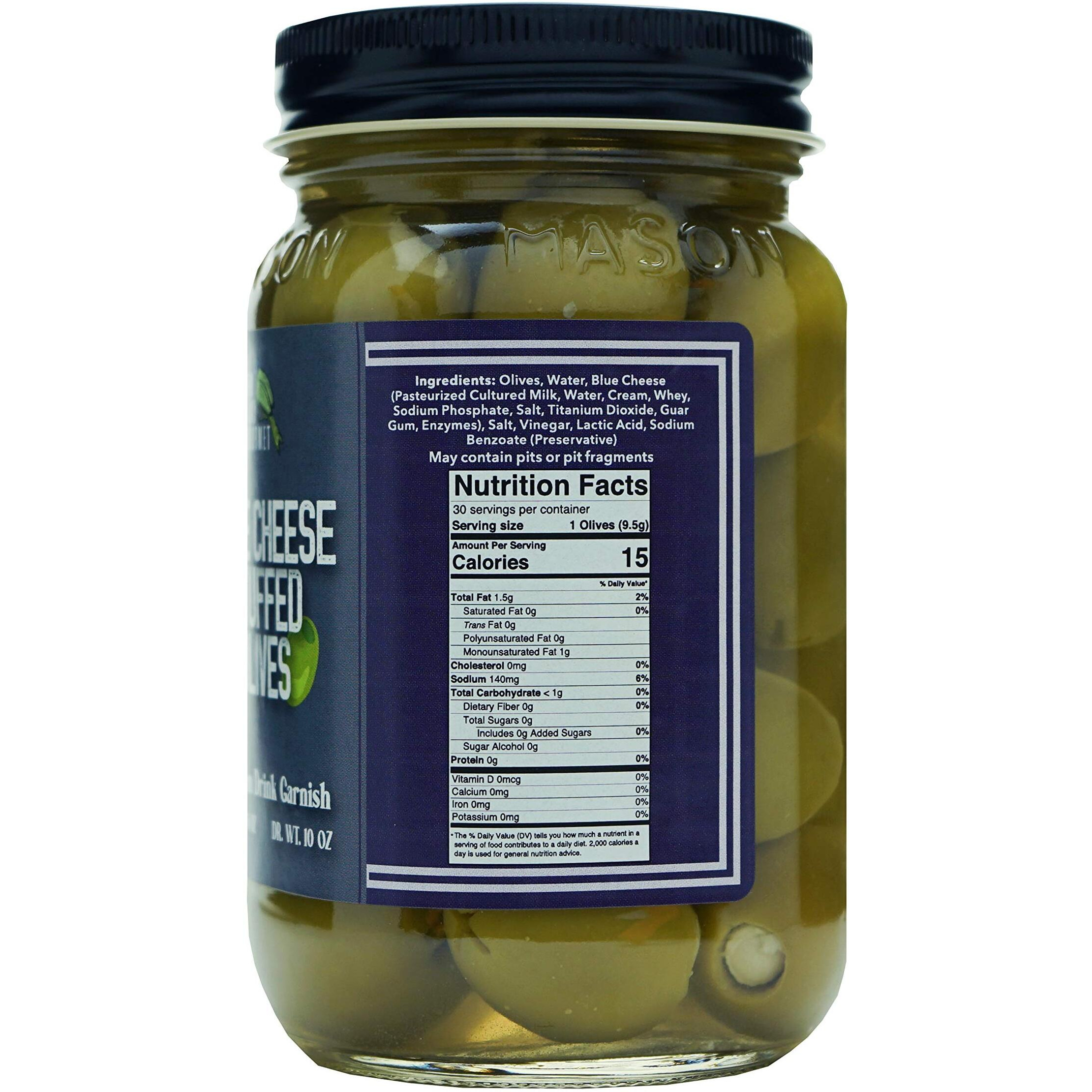 Green Jay Gourmet Blue Cheese Stuffed Olives - Cheese Stuffed Green Olives For Cocktail Garnish & Cheese Board - Dirty Martini Olives - Gourmet Olives - All Natural - Large - 2 X 16 Ounces