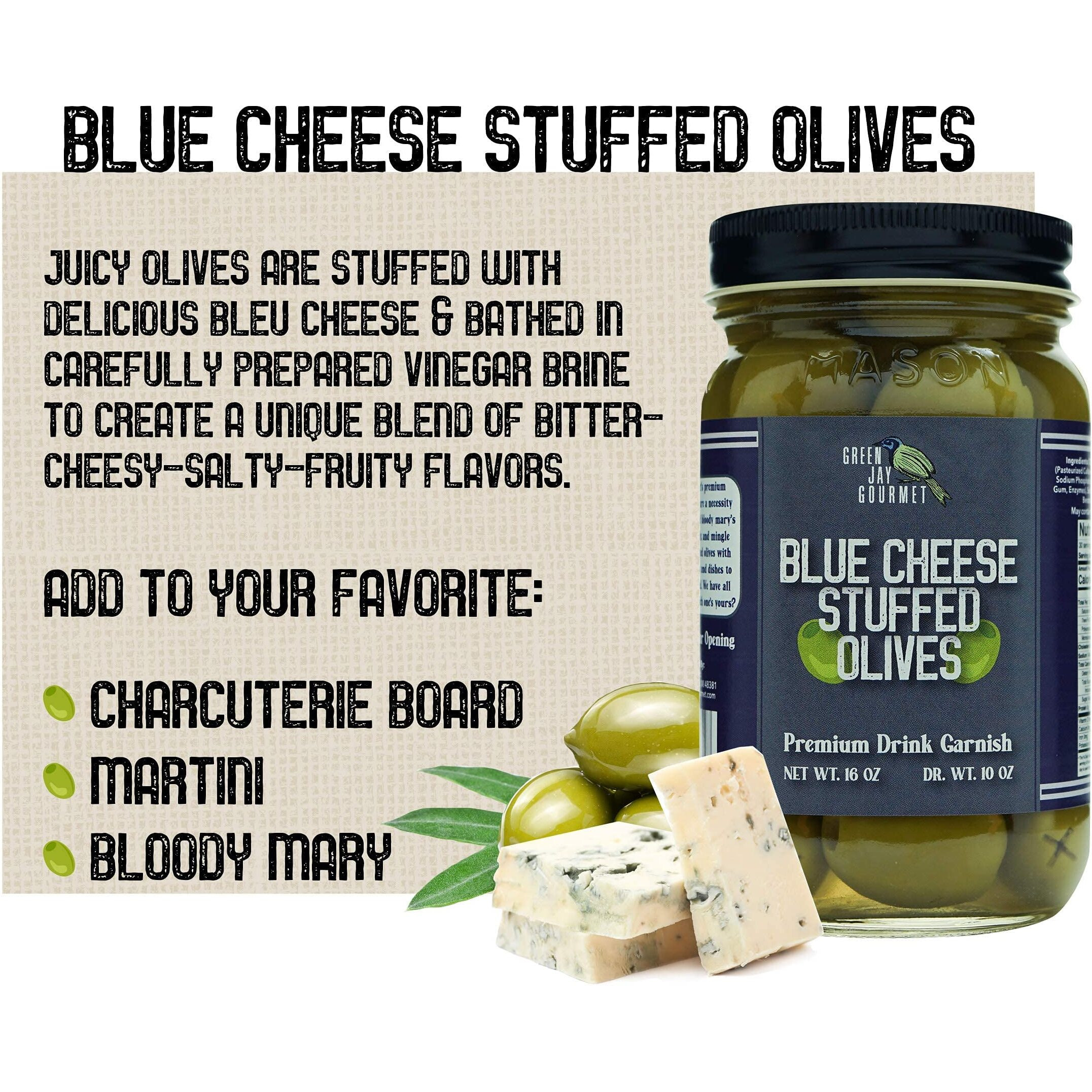 Green Jay Gourmet Blue Cheese Stuffed Olives - Cheese Stuffed Green Olives For Cocktail Garnish & Cheese Board - Dirty Martini Olives - Gourmet Olives - All Natural - Large - 2 X 16 Ounces