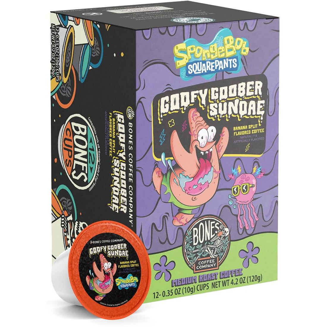 Bones Coffee Company Flavored Coffee Bones Cups Goofy Goober Sundae Flavored Pods Banana Split Flavor | 12Ct Single-Serve Coffee Pods Spongebob Inspired Coffee