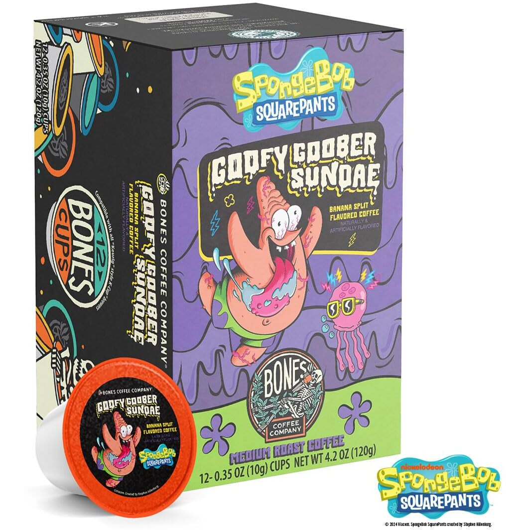 Bones Coffee Company Flavored Coffee Bones Cups Goofy Goober Sundae Flavored Pods Banana Split Flavor | 12Ct Single-Serve Coffee Pods Spongebob Inspired Coffee