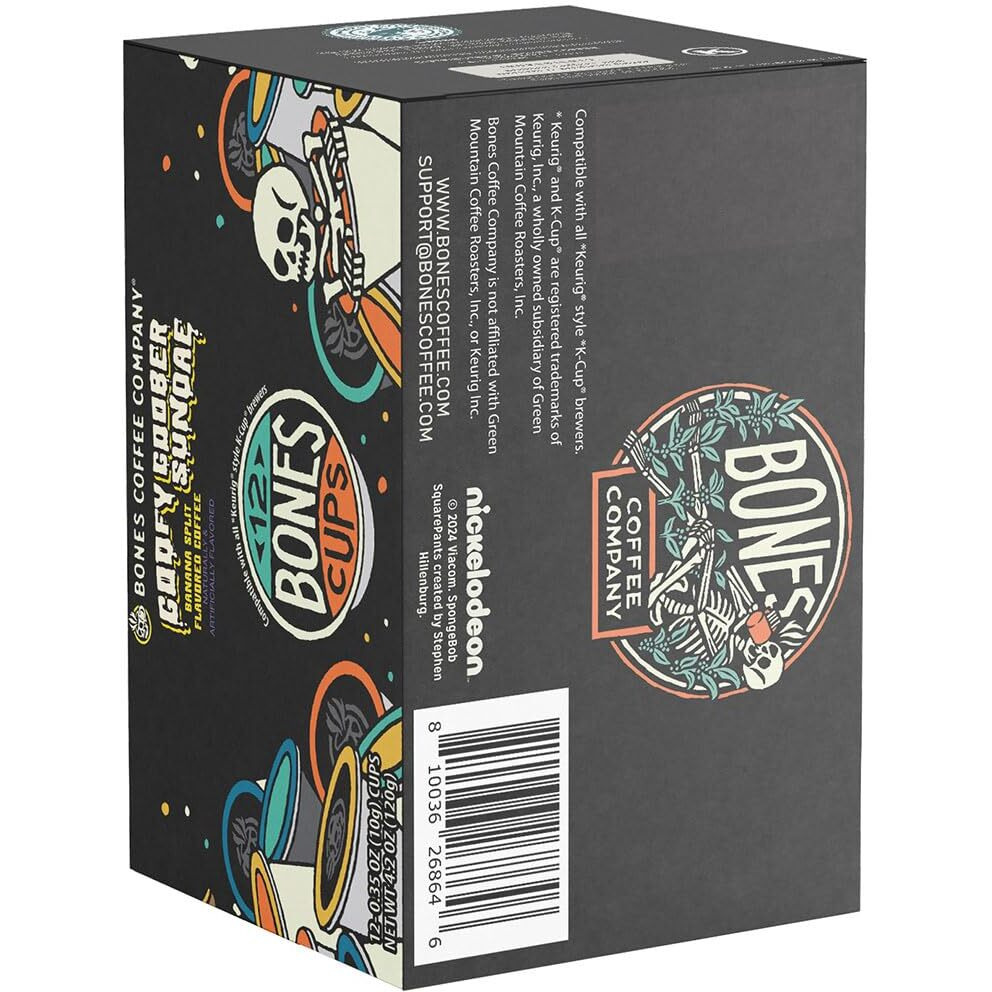 Bones Coffee Company Flavored Coffee Bones Cups Goofy Goober Sundae Flavored Pods Banana Split Flavor | 12Ct Single-Serve Coffee Pods Spongebob Inspired Coffee